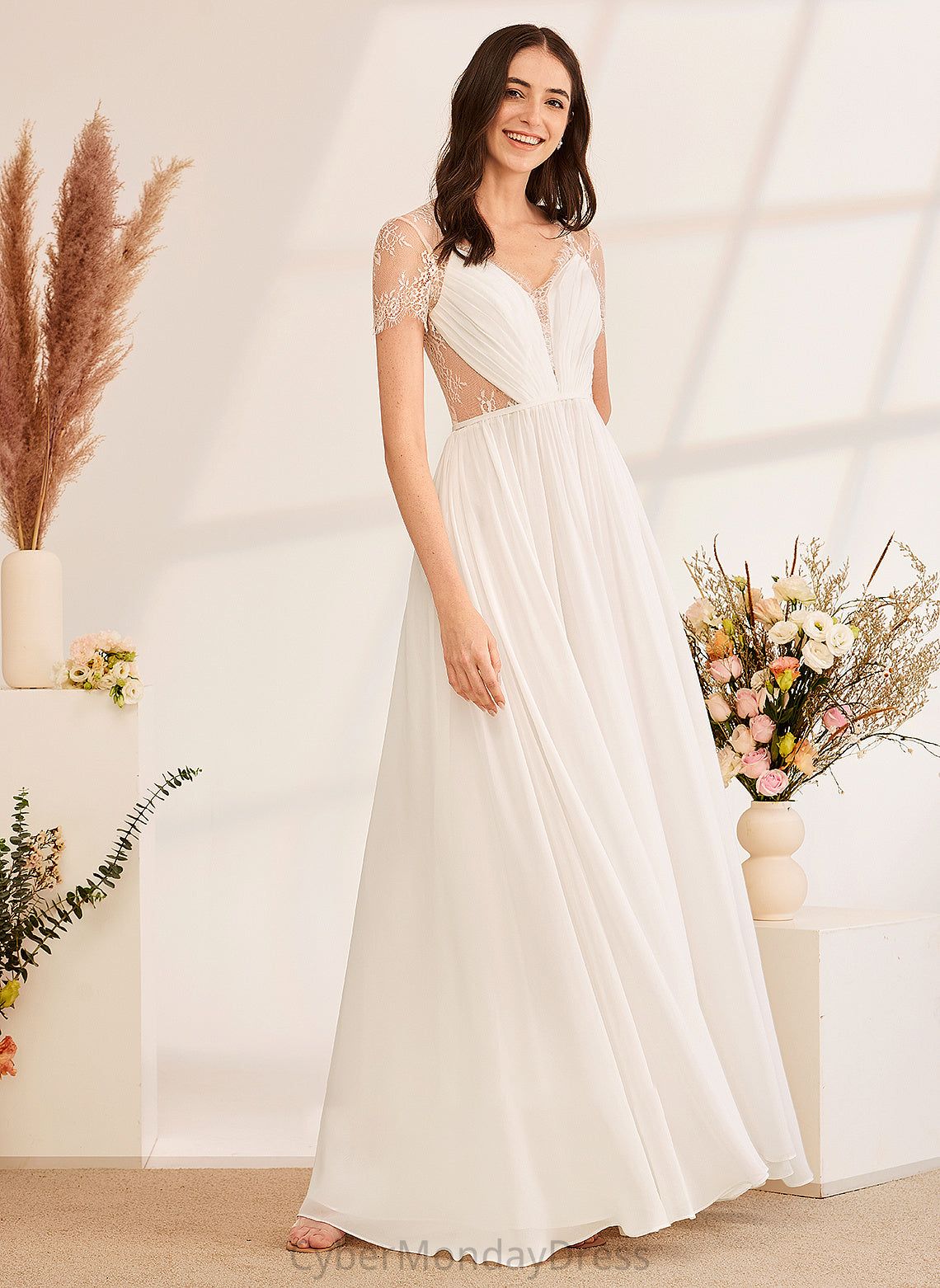 Ruffle With Wedding Dresses Ida Floor-Length A-Line Wedding V-neck Dress