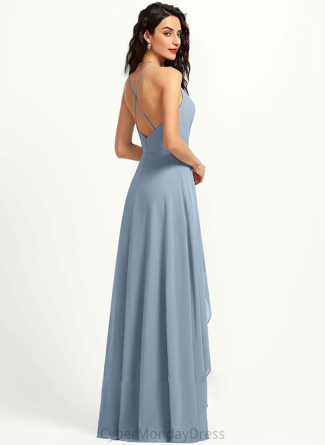 A-Line V-neck Silhouette Neckline Length Fabric Straps Asymmetrical Justine Bridesmaid Dresses