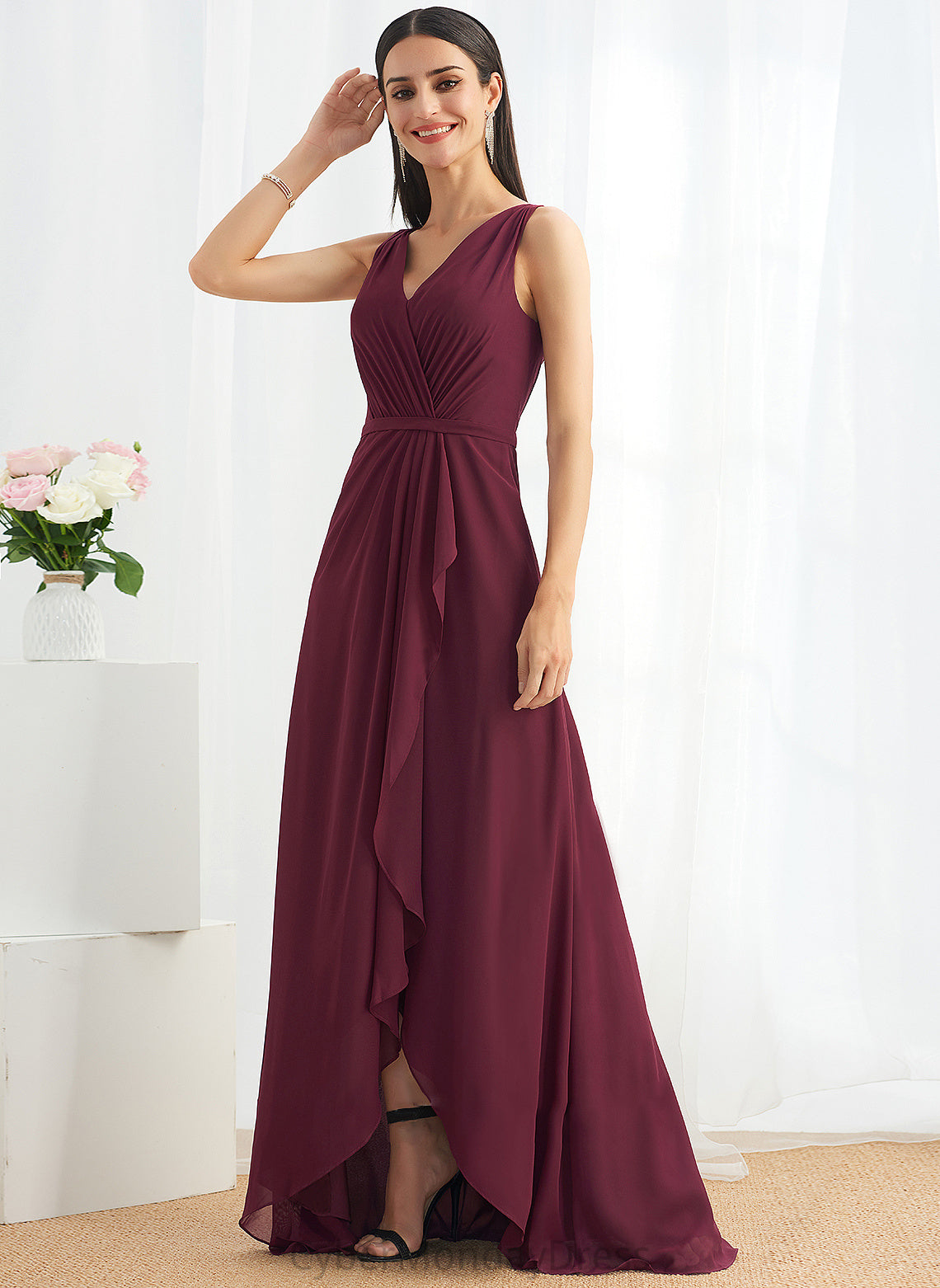 A-Line V-neck Neckline Silhouette Length SplitFront Embellishment Asymmetrical Fabric Emely Natural Waist Sleeveless Bridesmaid Dresses