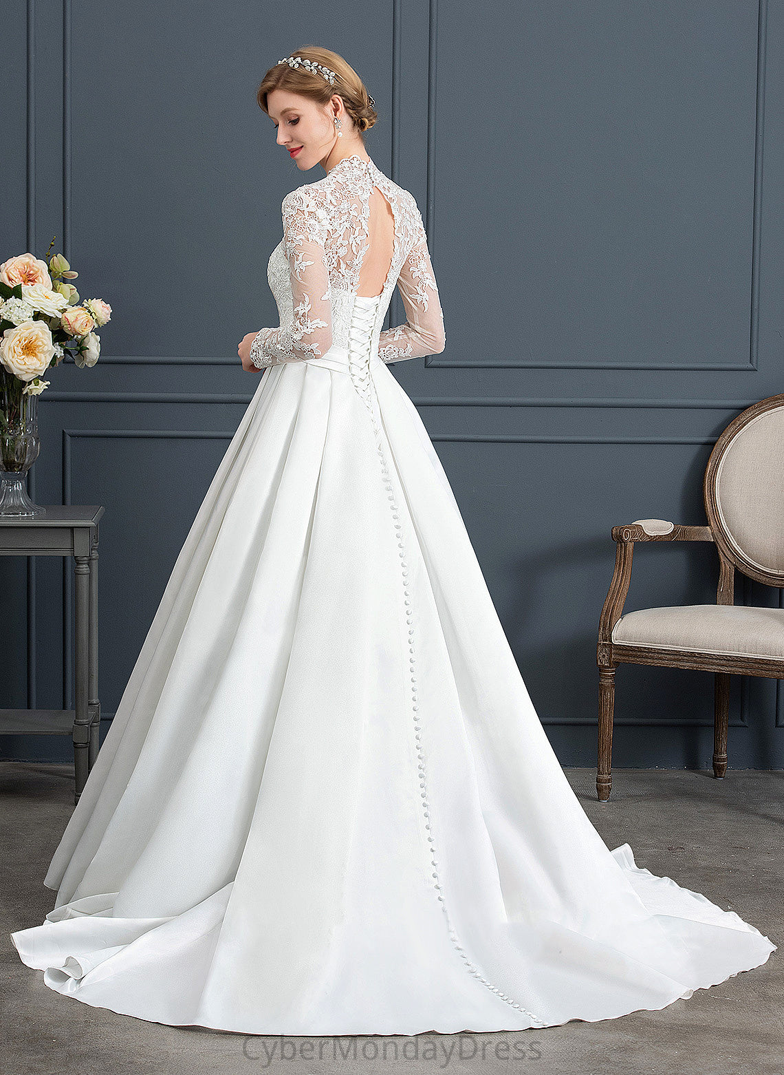 Ball-Gown/Princess Dress Satin Bow(s) V-neck Train Lace Court With Karina Wedding Dresses Wedding