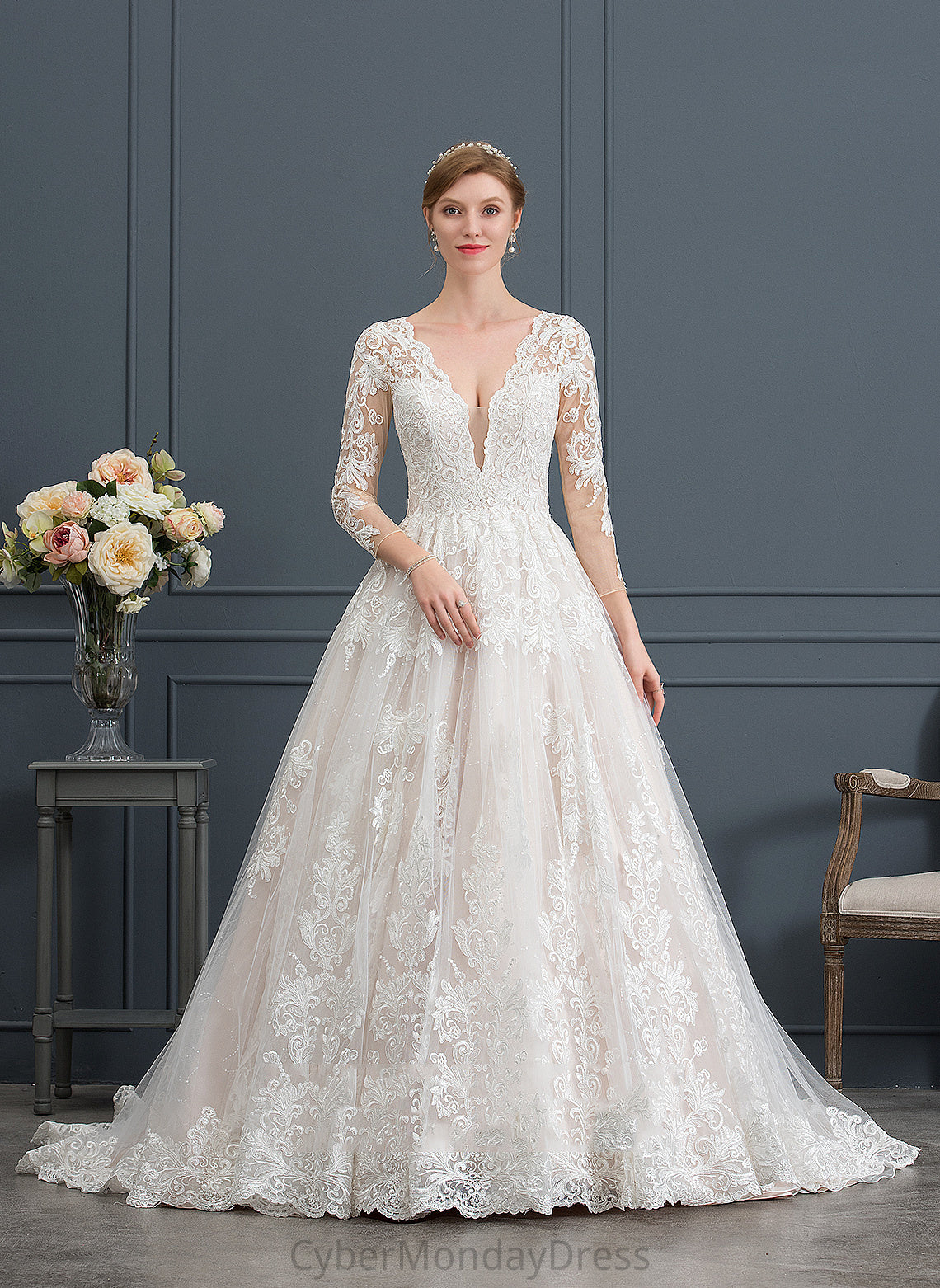 Kennedy Lace Wedding Ball-Gown/Princess V-neck Tulle Wedding Dresses Dress