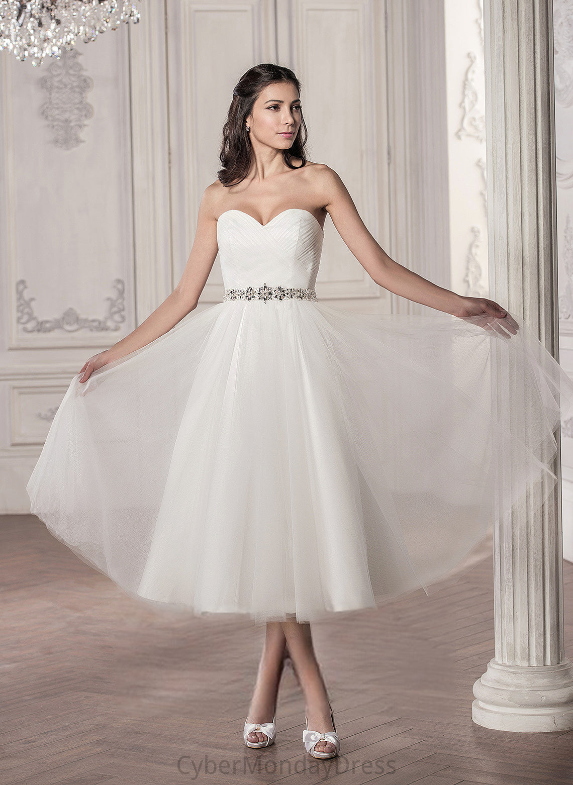 Tea-Length A-Line Beading Jaida With Tulle Sweetheart Dress Sequins Satin Ruffle Wedding Dresses Wedding