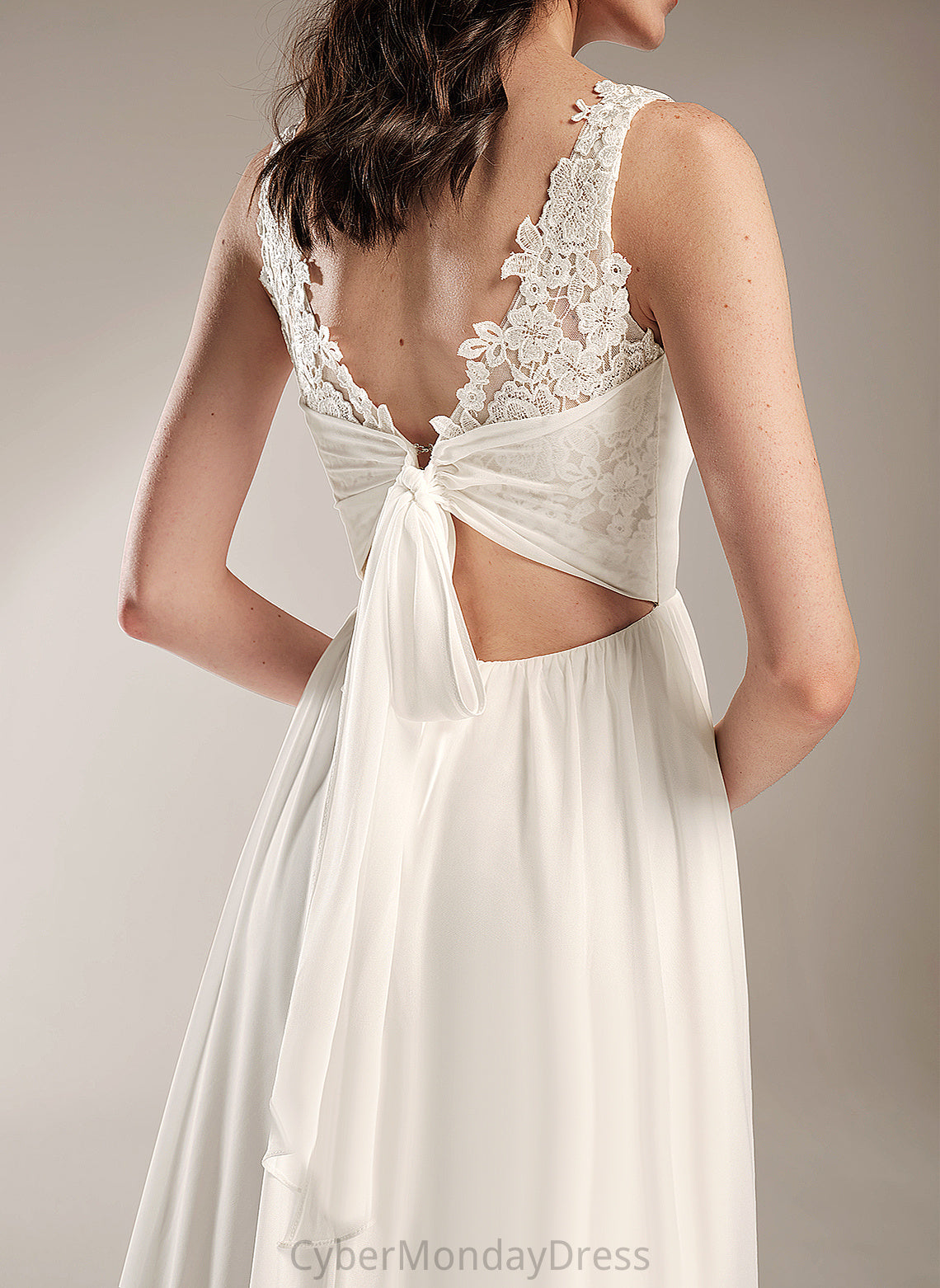 A-Line Sophronia Court Wedding Chiffon Lace Dress Train Wedding Dresses With V-neck