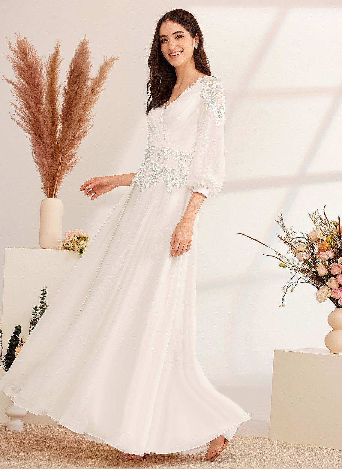 Chiffon Floor-Length Dress A-Line Wedding Dresses Ryann Wedding V-neck