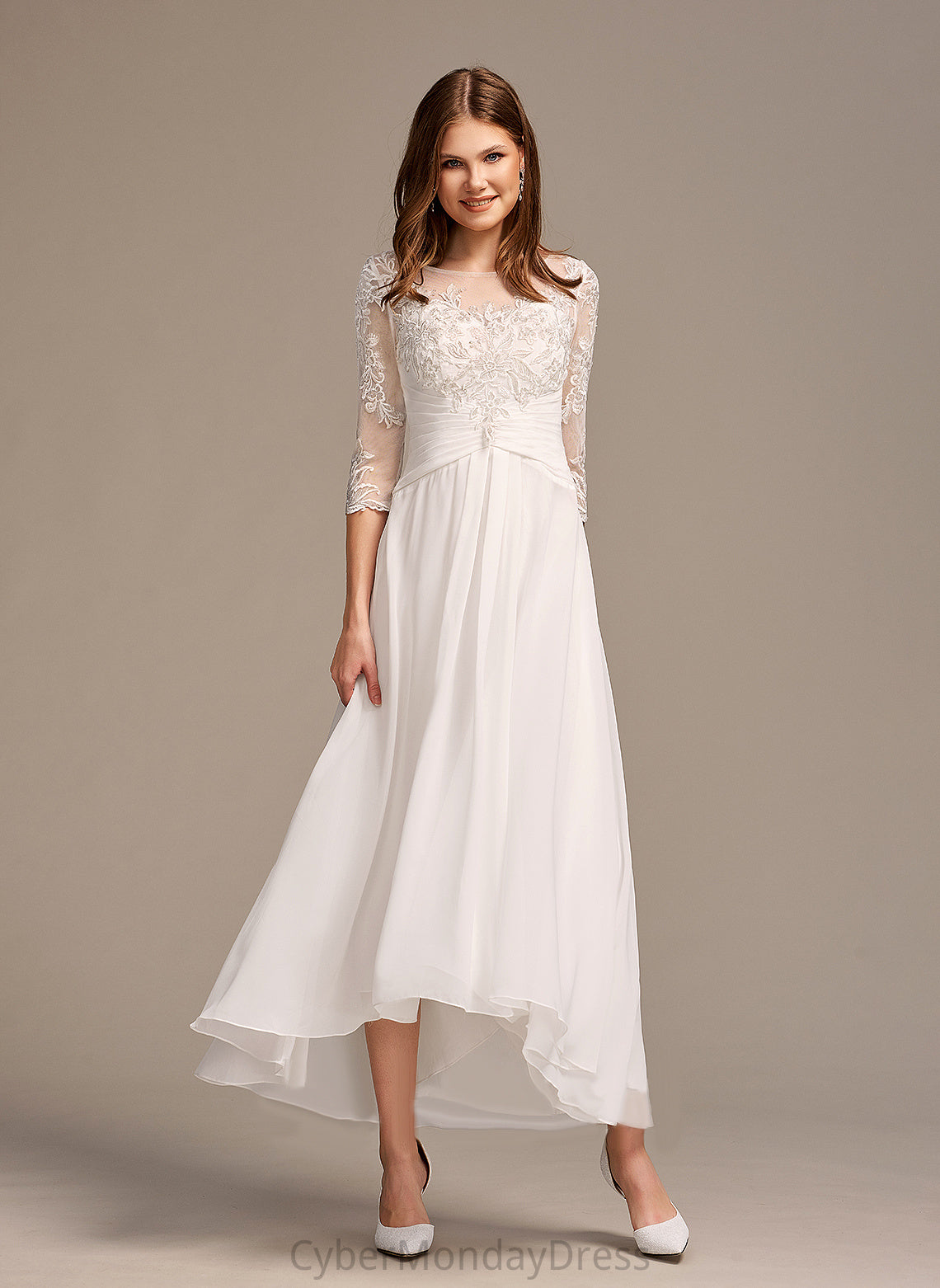 Illusion Wedding Dresses A-Line Asymmetrical Wedding Hanna With Chiffon Lace Dress