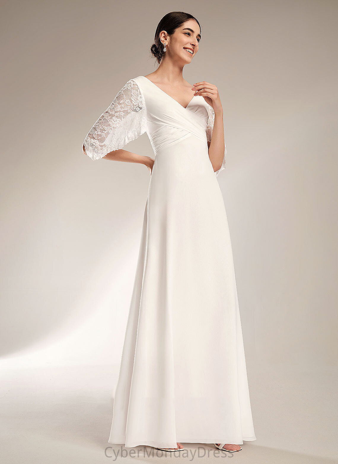 Dress Sheath/Column Chiffon Lace Sylvia With Wedding Wedding Dresses Floor-Length V-neck