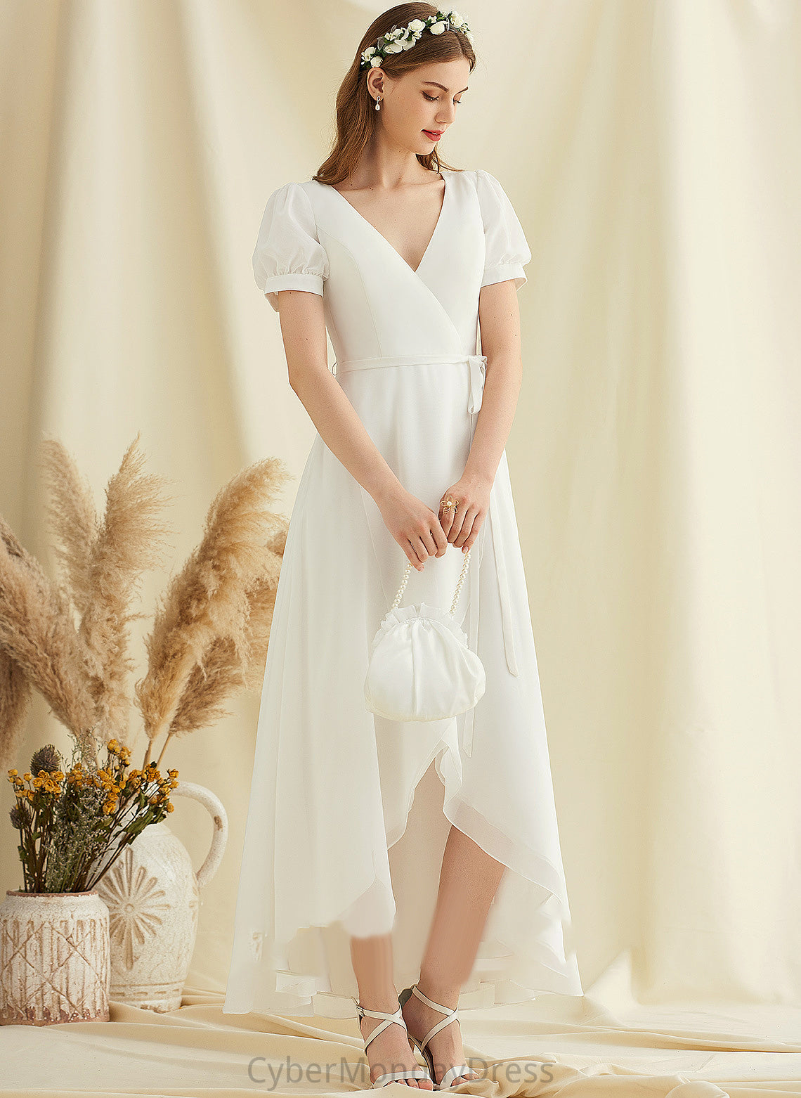 Asymmetrical V-neck Dress Wedding Chiffon Kelly A-Line Wedding Dresses