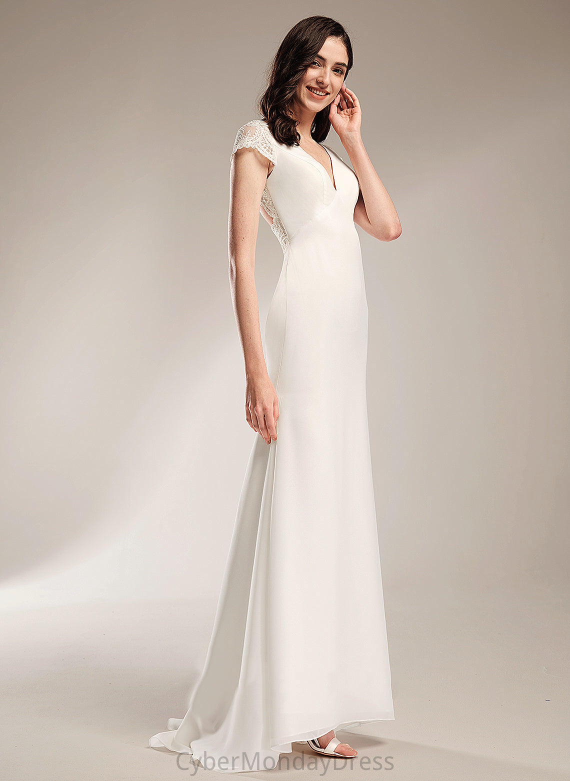 Sheath/Column Valery Wedding Train Chiffon With Sweep Lace Dress Wedding Dresses V-neck