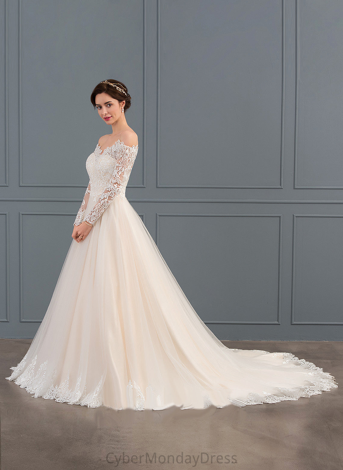 Ball-Gown/Princess Melanie Dress Tulle Off-the-Shoulder Train Chapel Lace Wedding Wedding Dresses