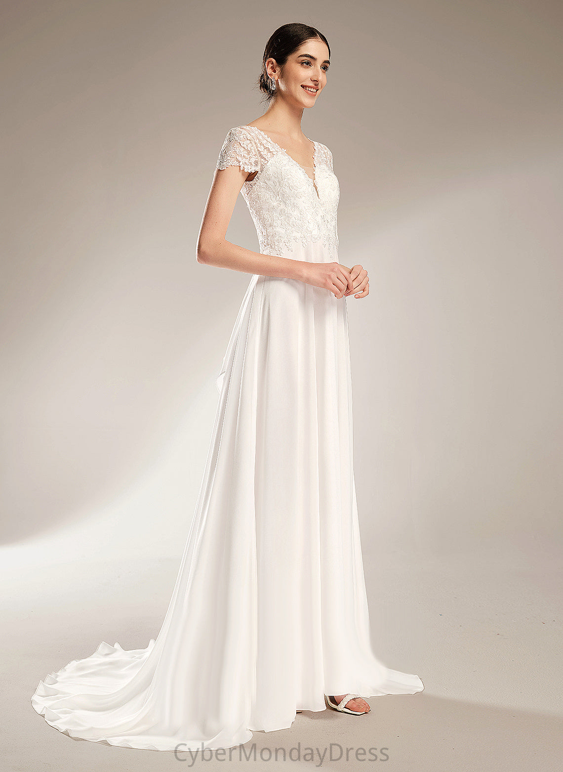 Chiffon Wedding Wedding Dresses A-Line Dress Bow(s) Court Lace Pru Train V-neck With