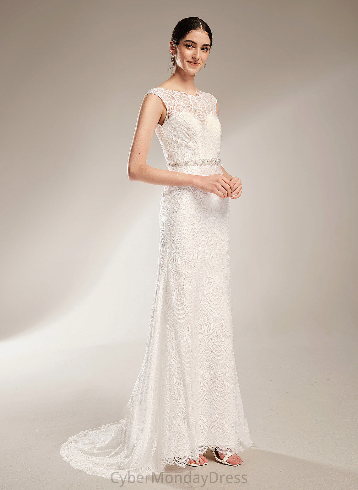 Train Dress Court Beading Sequins Sheath/Column With Wedding Wedding Dresses Lace Scoop Jaslyn Neck