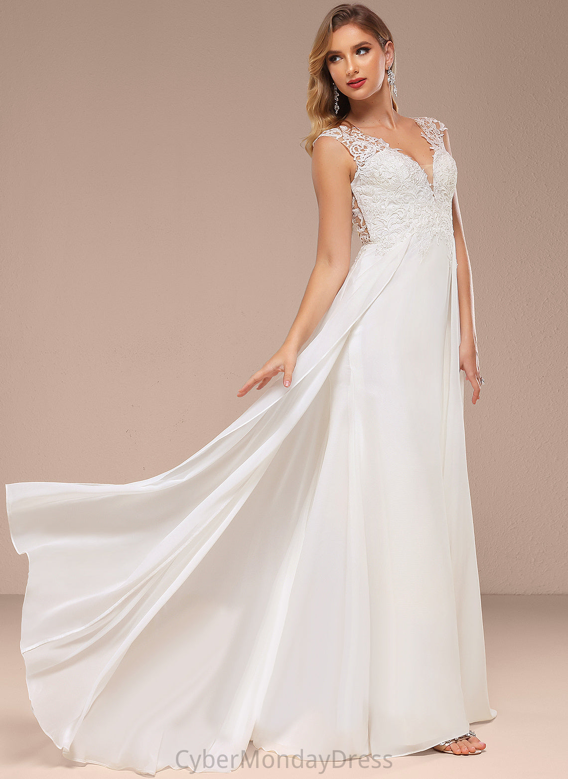 Paula Wedding Wedding Dresses A-Line Lace Chiffon Dress Train Sweep V-neck