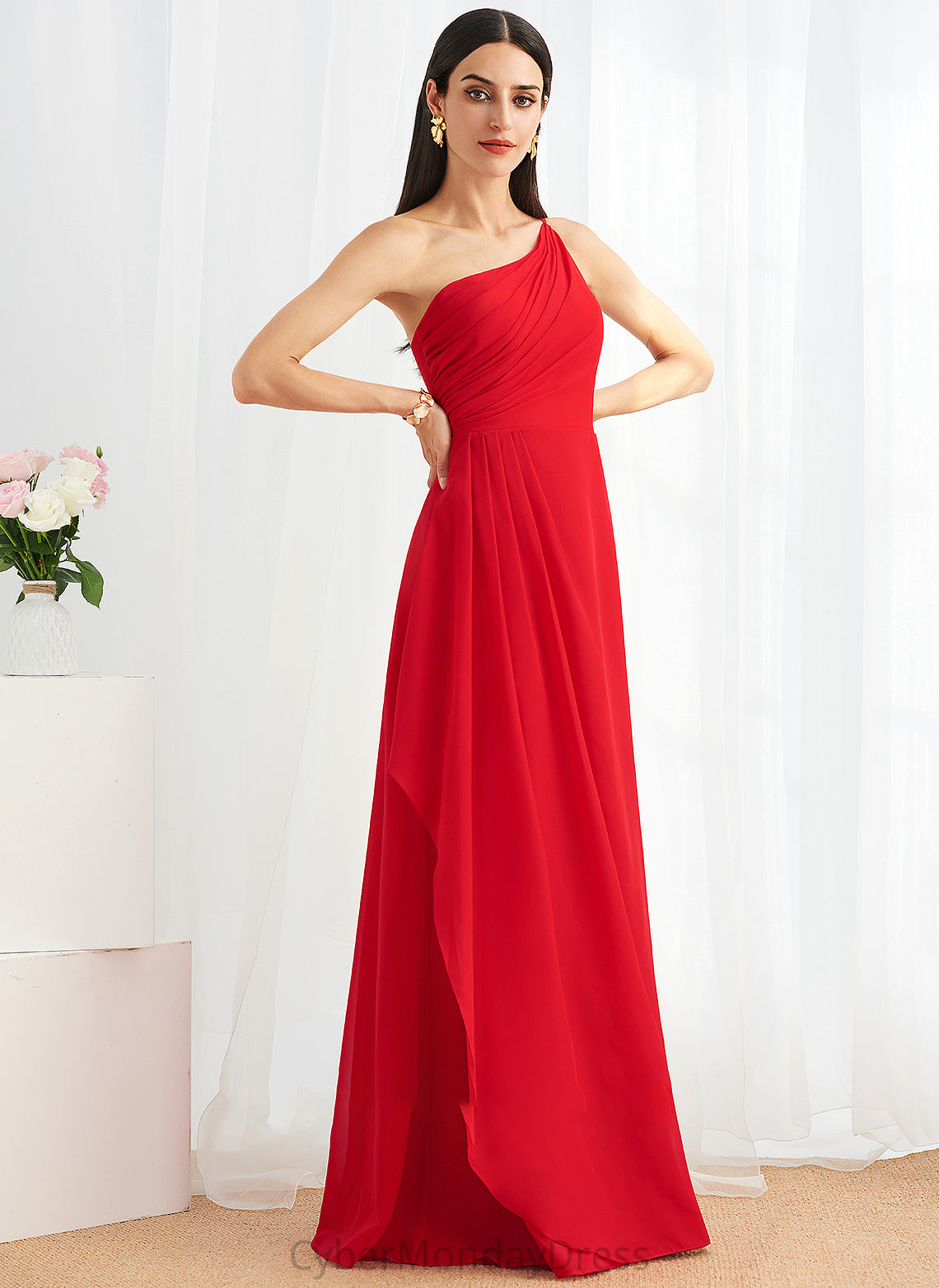 Embellishment Length Fabric Neckline One-Shoulder Silhouette SplitFront Floor-Length Ruffle A-Line Nevaeh Sleeveless Bridesmaid Dresses