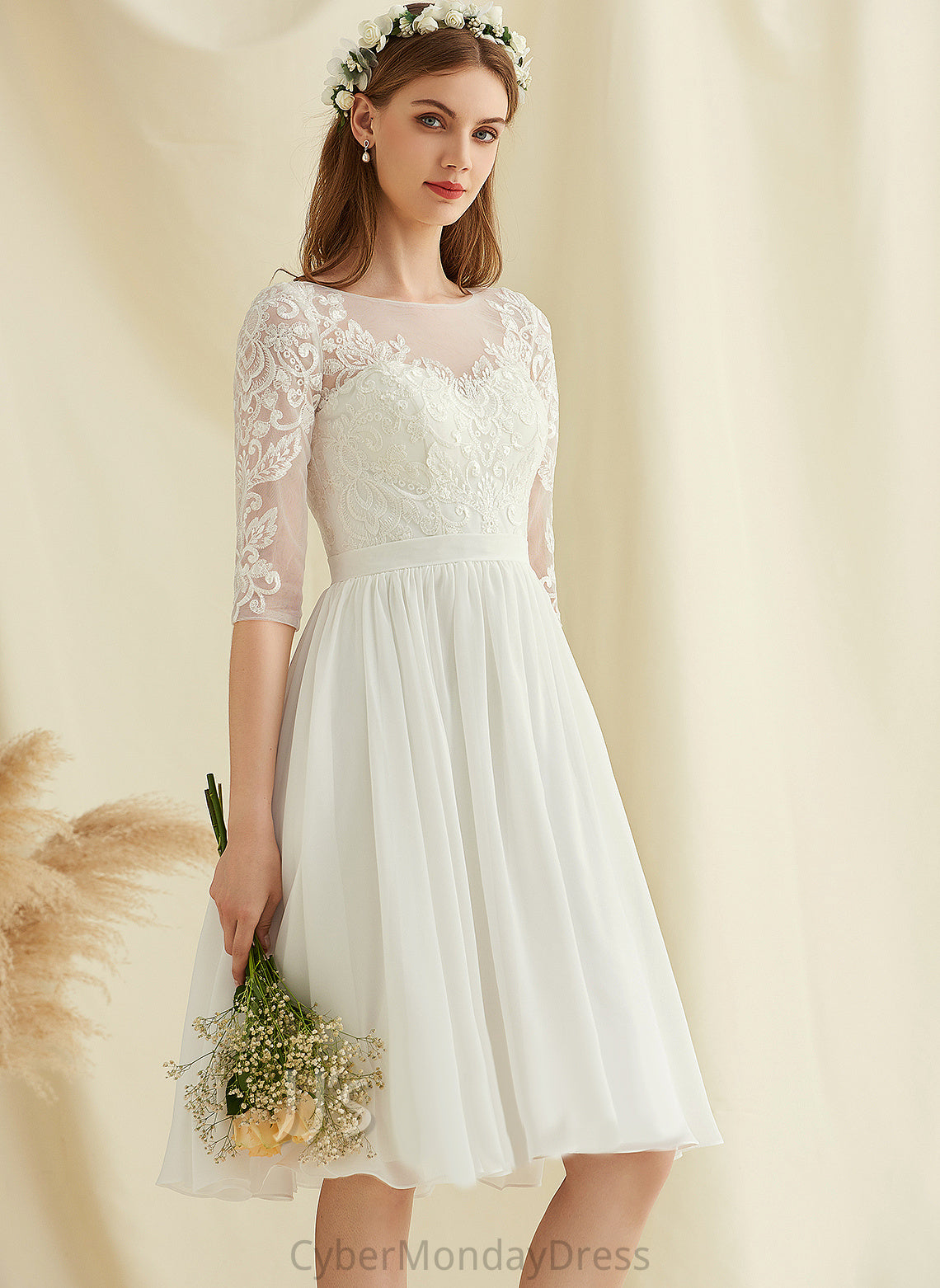 Harley Sequins A-Line Knee-Length Neck Wedding Dresses Chiffon With Lace Dress Scoop Wedding