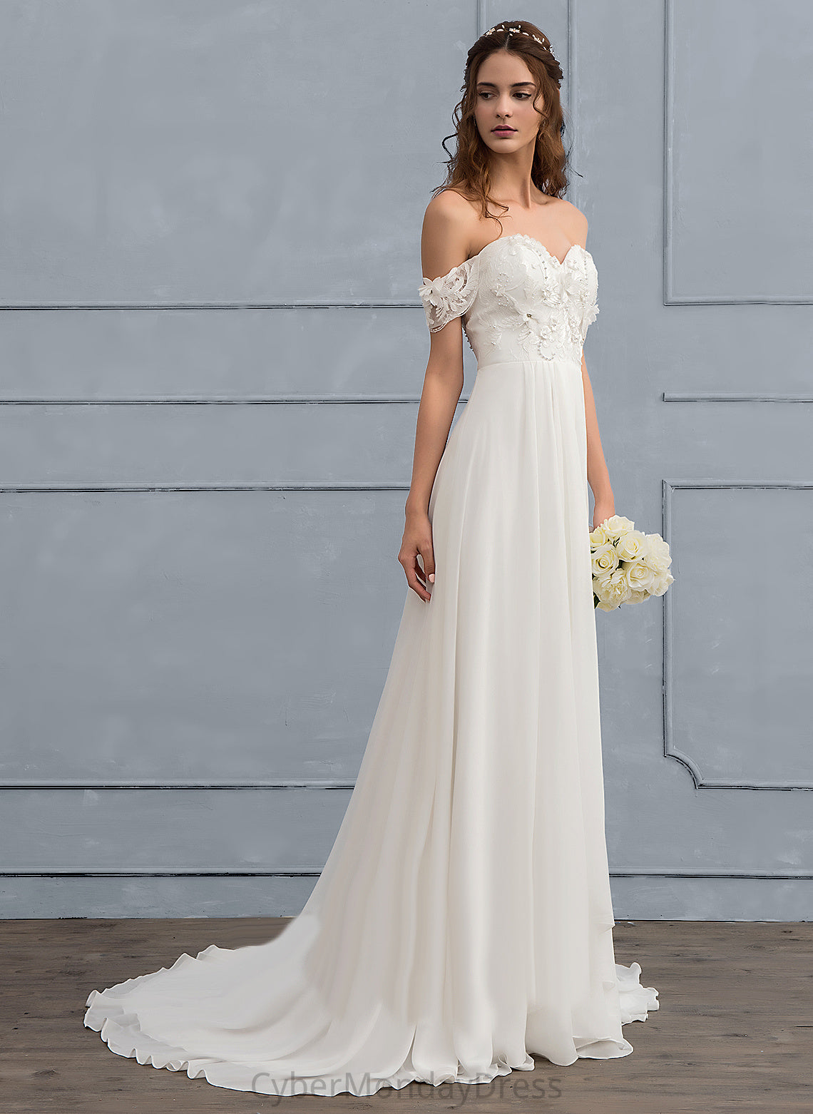 Cierra Chiffon A-Line Beading Wedding Wedding Dresses Lace Dress With Sweep Off-the-Shoulder Flower(s) Train