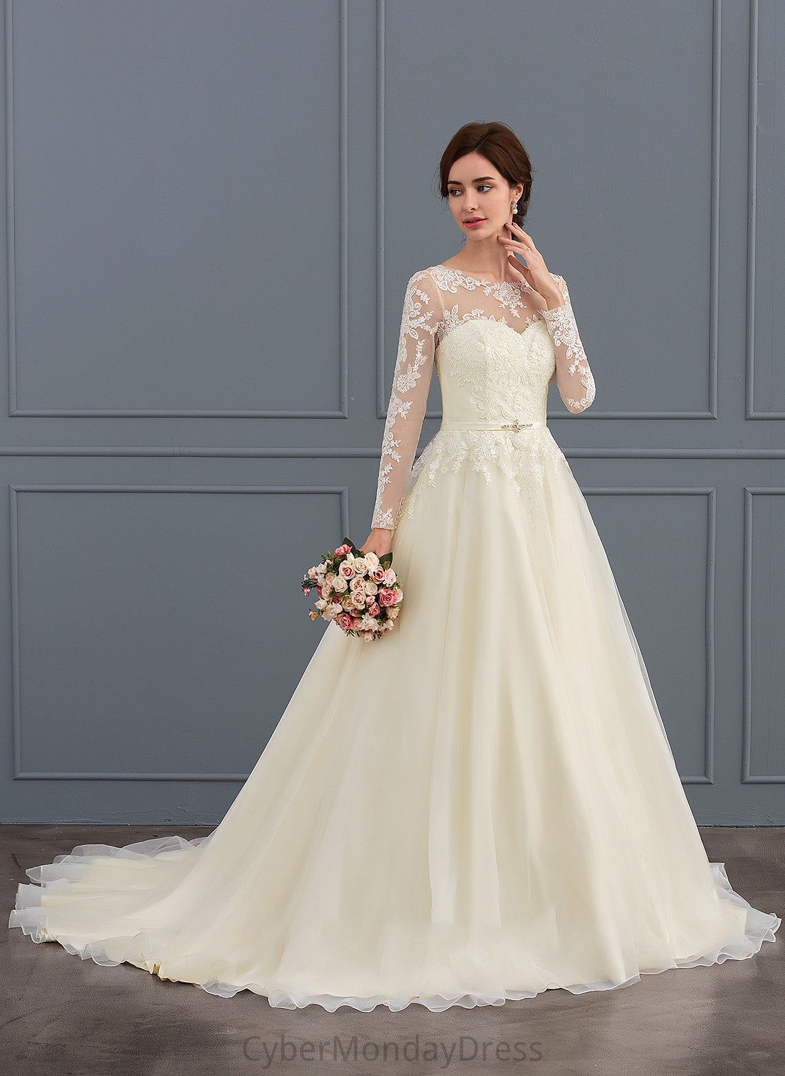 Ball-Gown/Princess With Dress Wedding Lace Olga Train Sequins Illusion Beading Tulle Wedding Dresses Court