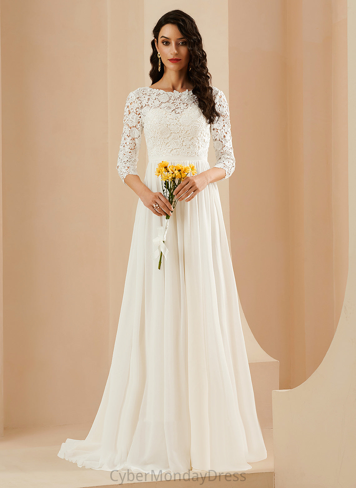 Lace Sweep Chiffon Avery Train A-Line Dress Scoop Wedding Neck Wedding Dresses With