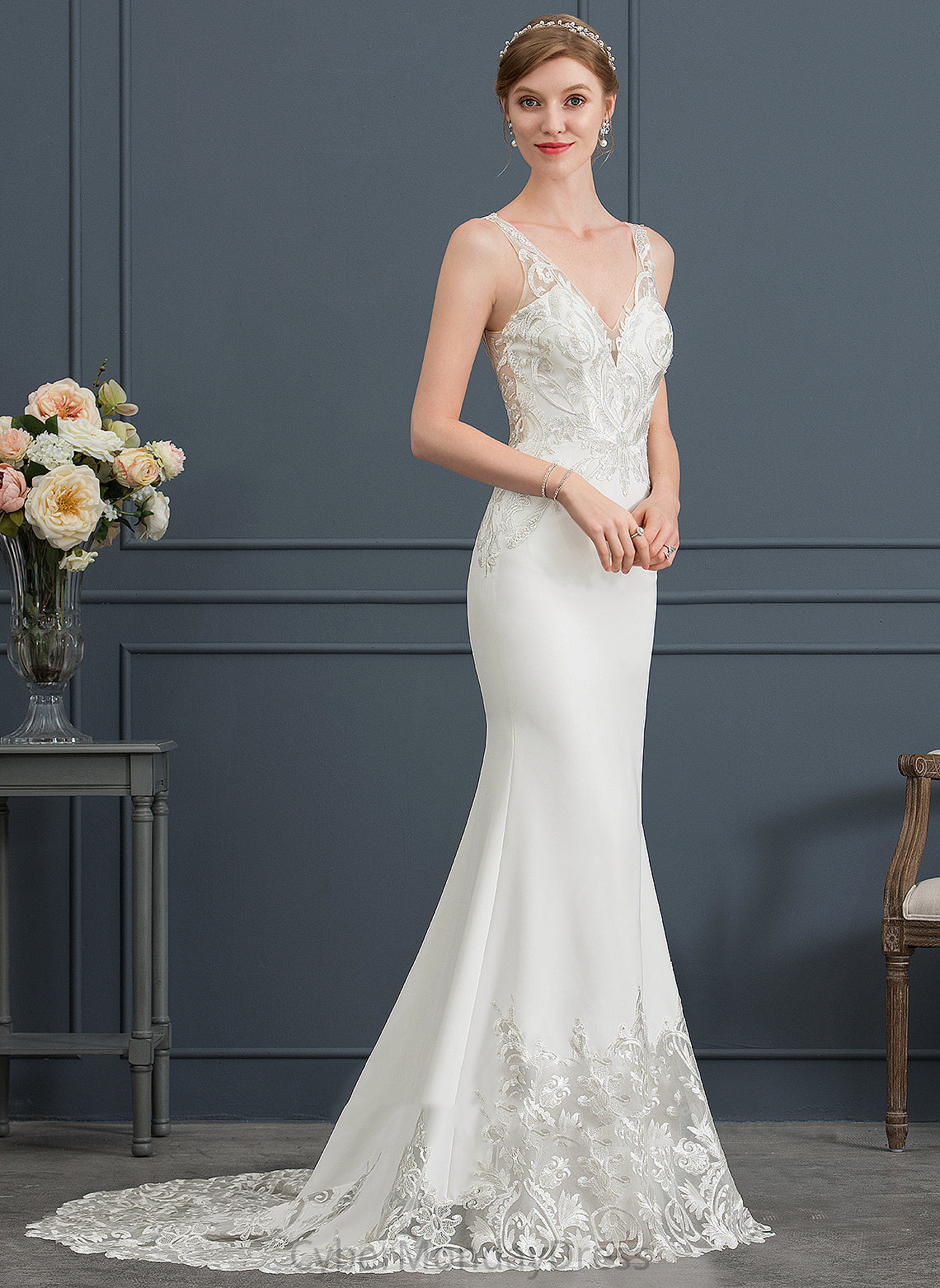 Valeria Stretch Wedding Wedding Dresses V-neck Court Train Trumpet/Mermaid Dress Lace Crepe