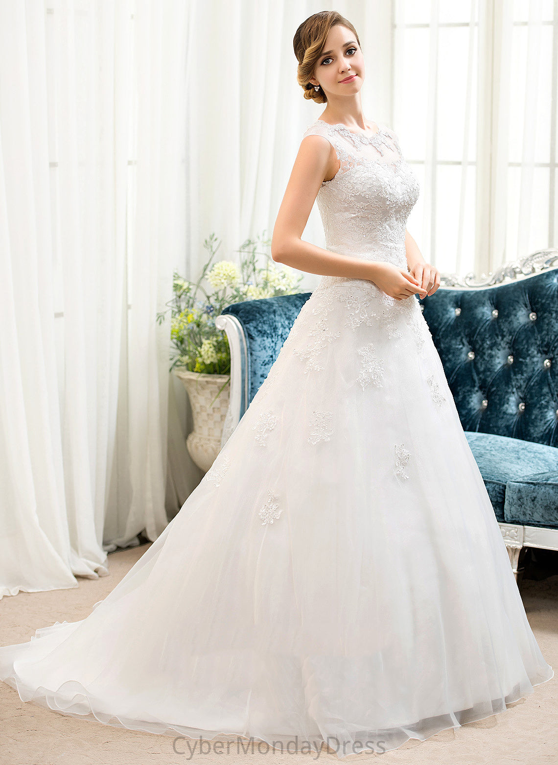 Illusion Sweep Wedding Dresses Organza Dress With Ball-Gown/Princess Lace Tulle Train Sequins Wedding Kylee Beading