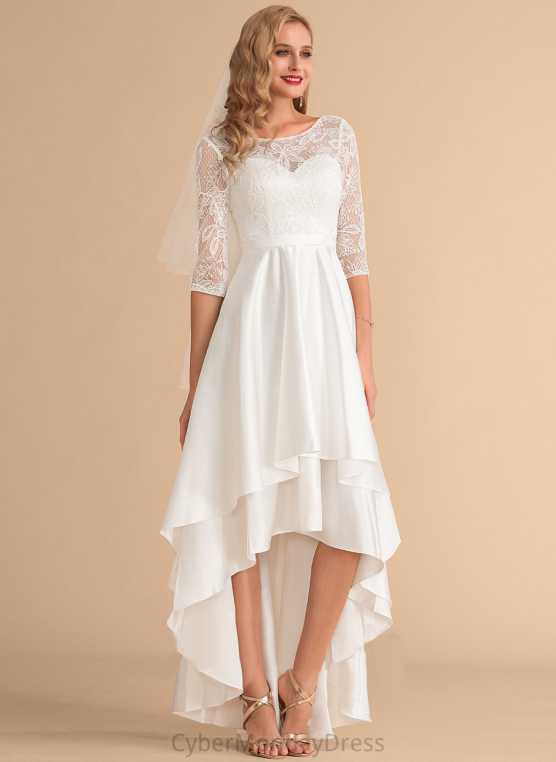 Wedding Asymmetrical Scoop Wedding Dresses Dominique A-Line Lace Satin Dress