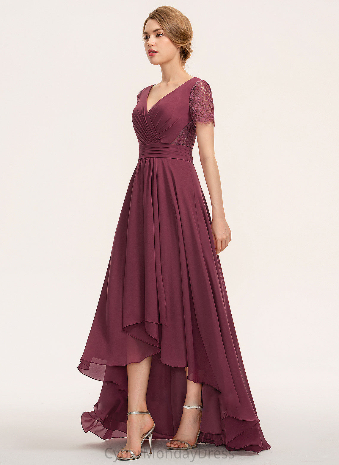 Length Silhouette A-Line Fabric Embellishment V-neck Ruffle Neckline Asymmetrical Juliette Bridesmaid Dresses