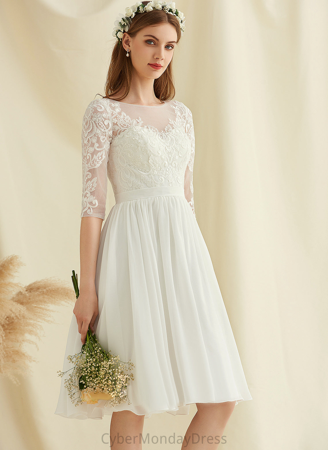 Lace A-Line Dress Chiffon Maud Wedding Scoop Sequins Knee-Length Wedding Dresses With