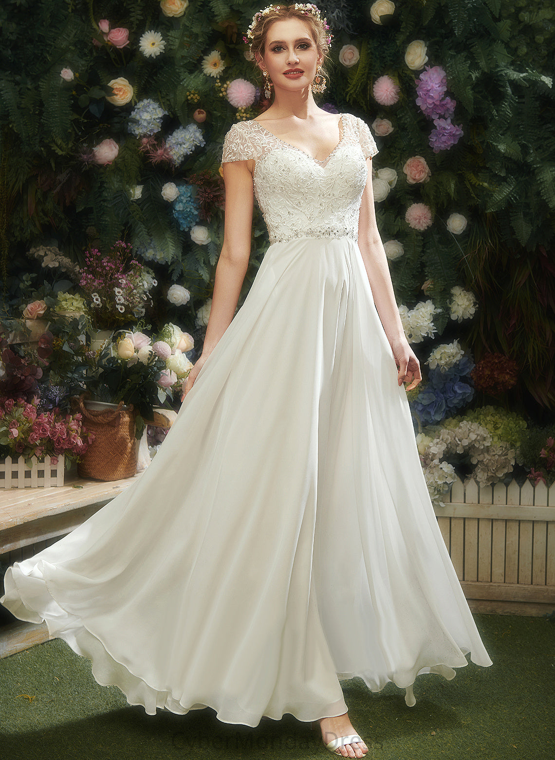 Chiffon Floor-Length Wedding With Lace V-neck Wedding Dresses A-Line Sequins Beading Dress Jazlynn