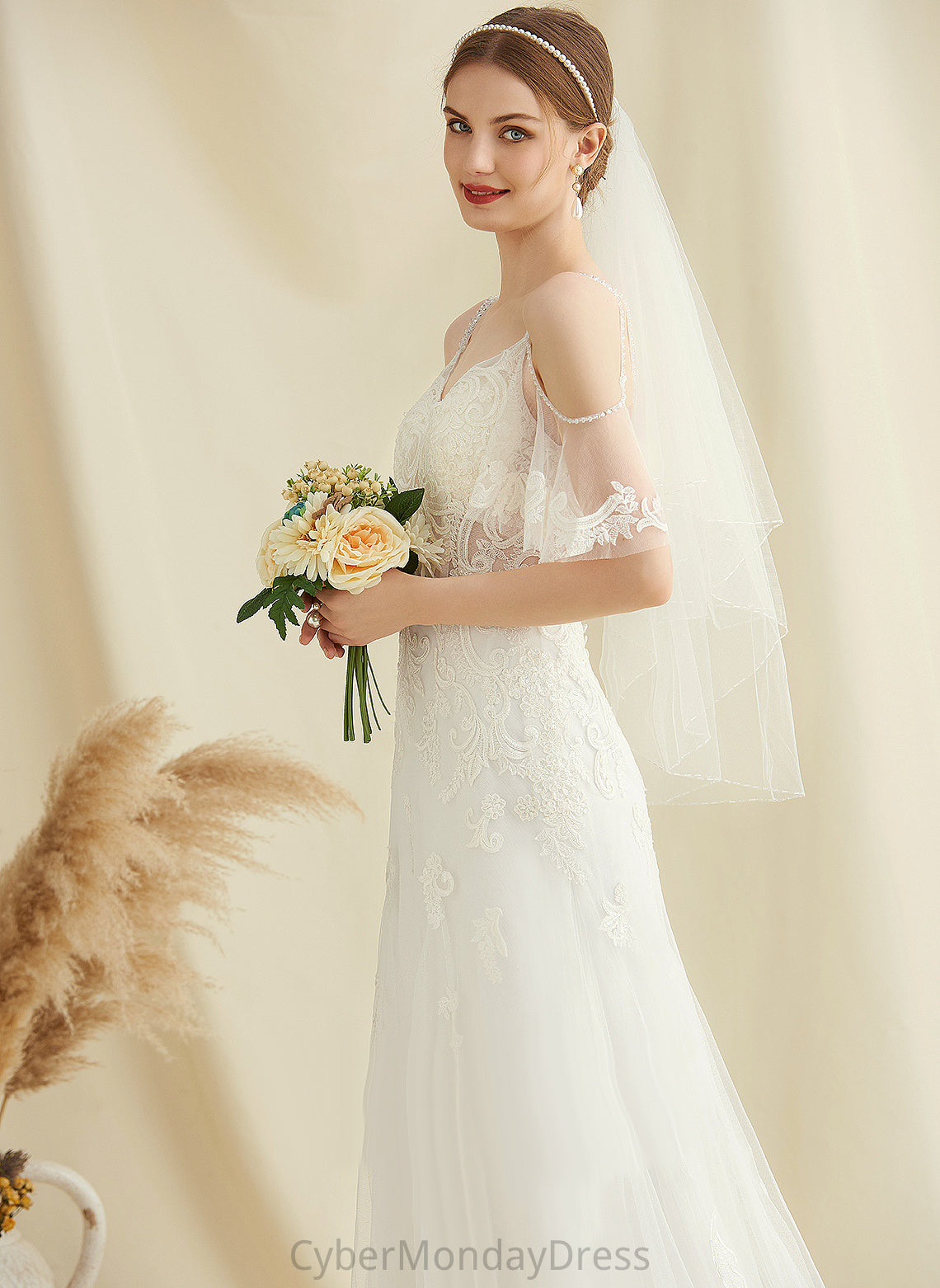 Lace Jacqueline With Wedding Dresses Tulle V-neck A-Line Sweep Dress Wedding Beading Train