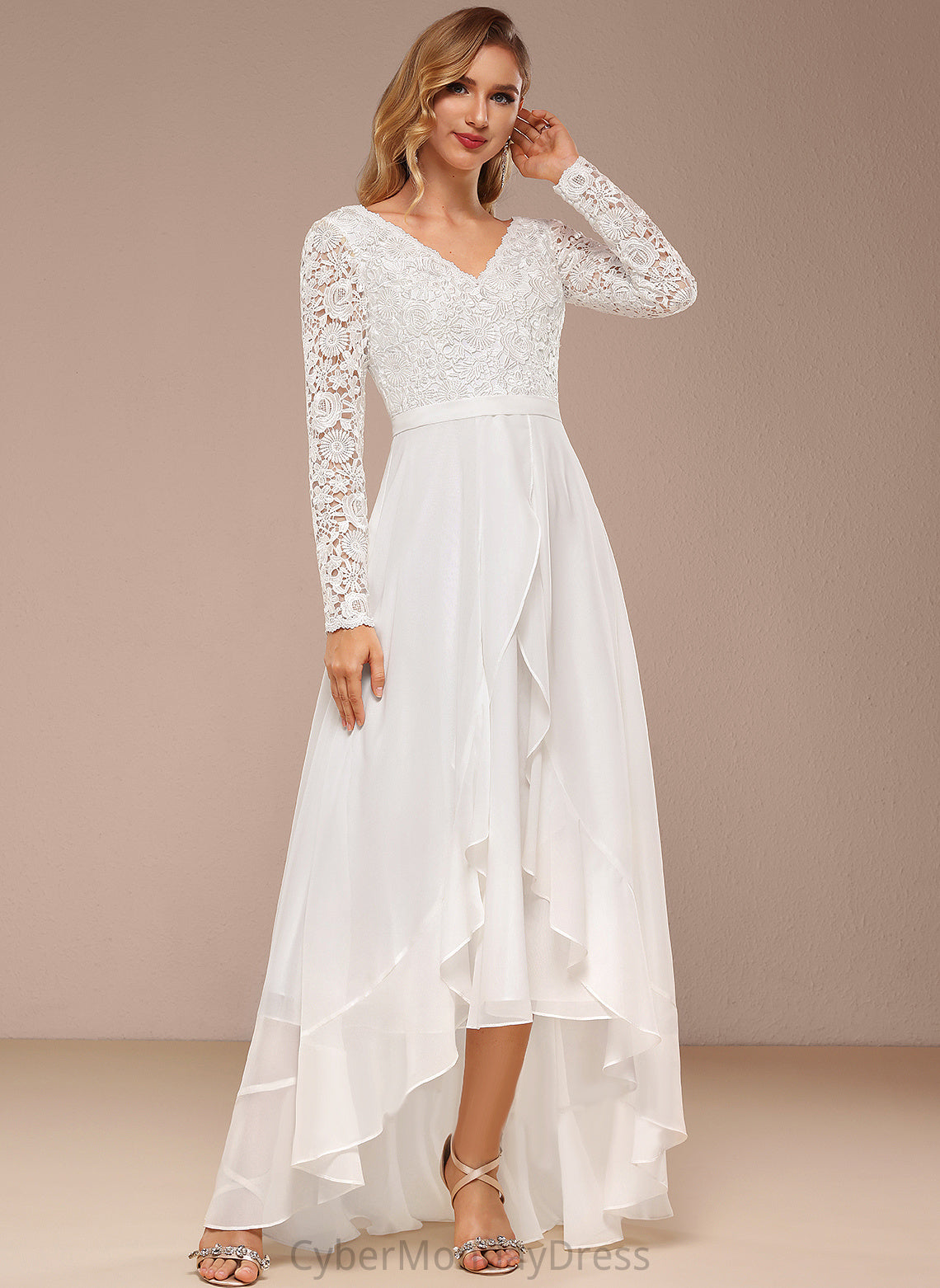 Deja Wedding Asymmetrical Lace Wedding Dresses A-Line Dress V-neck Chiffon