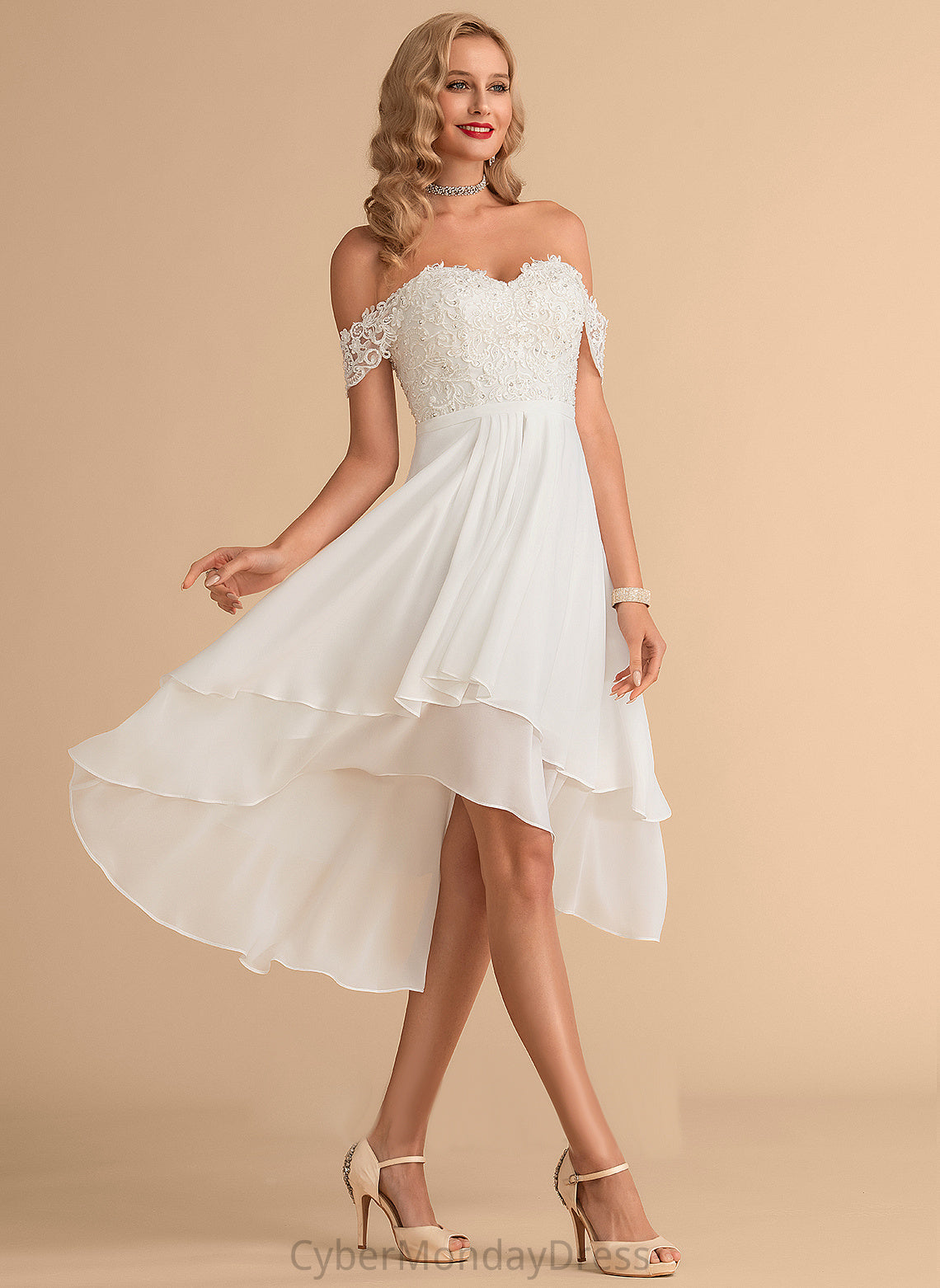 Lace Wedding Beading Jazlynn Sequins Dress Asymmetrical Off-the-Shoulder Chiffon A-Line With Wedding Dresses