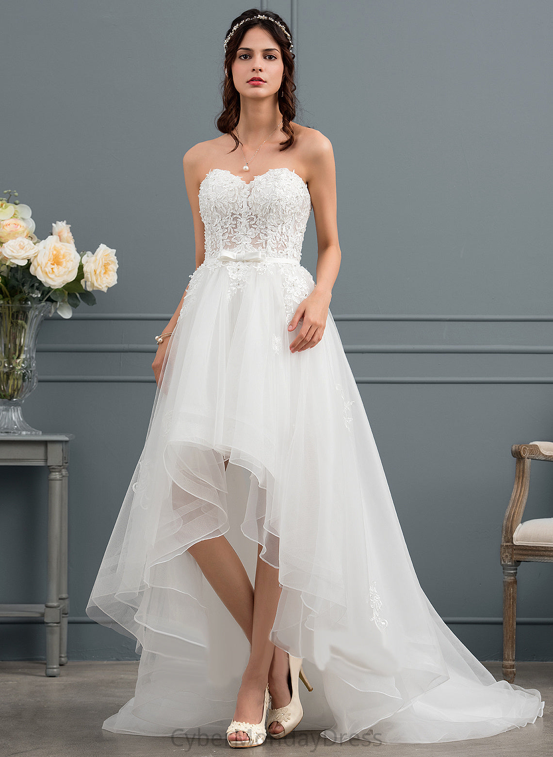 Bow(s) Wedding With Wedding Dresses Sequins Maia A-Line Asymmetrical Dress Lace Tulle Beading Satin Sweetheart