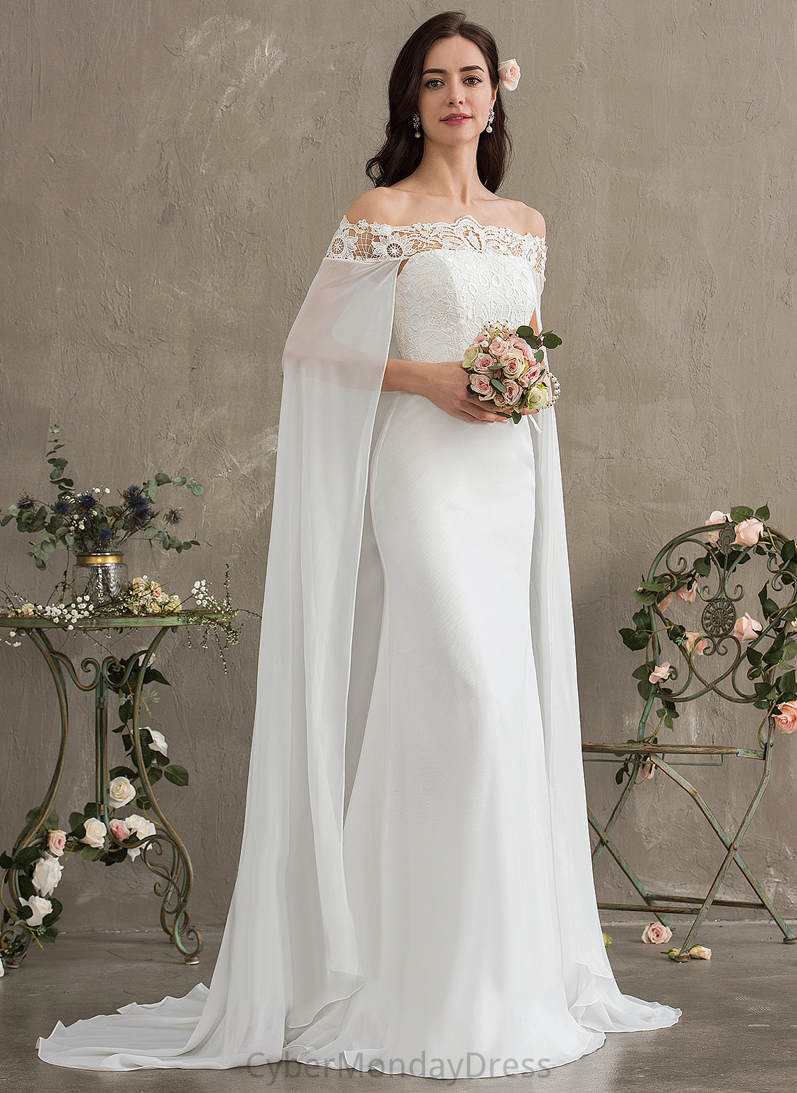 Train Ashtyn Chiffon Lace Off-the-Shoulder Lace Dress Court Wedding Dresses Sheath/Column With Wedding