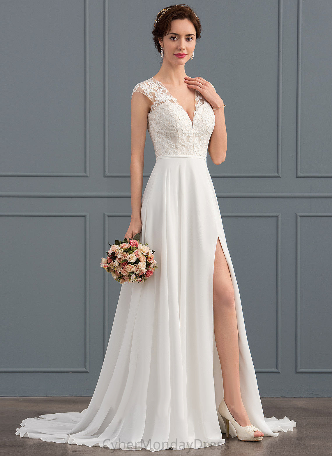 Train Front V-neck Sweep A-Line Wedding Dresses Split Dress Peggie Wedding Lace With Chiffon