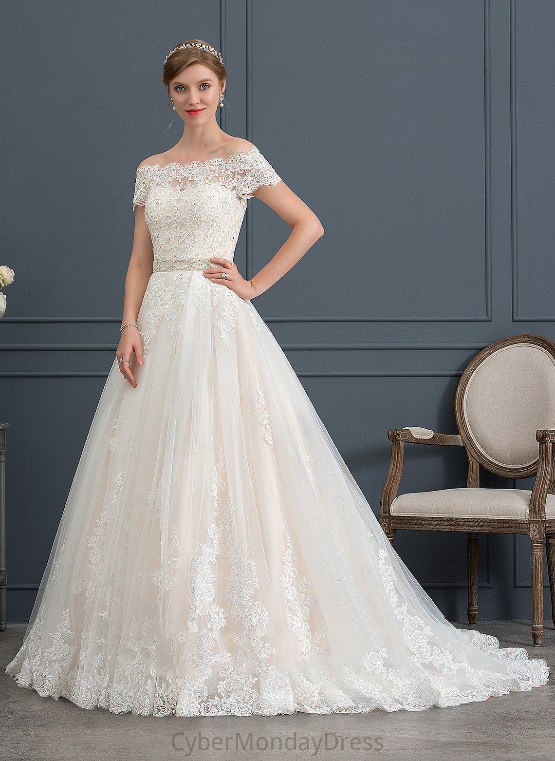 Train Court Wedding Tulle With Gwendoline Beading Sequins Wedding Dresses Dress Off-the-Shoulder Lace Ball-Gown/Princess