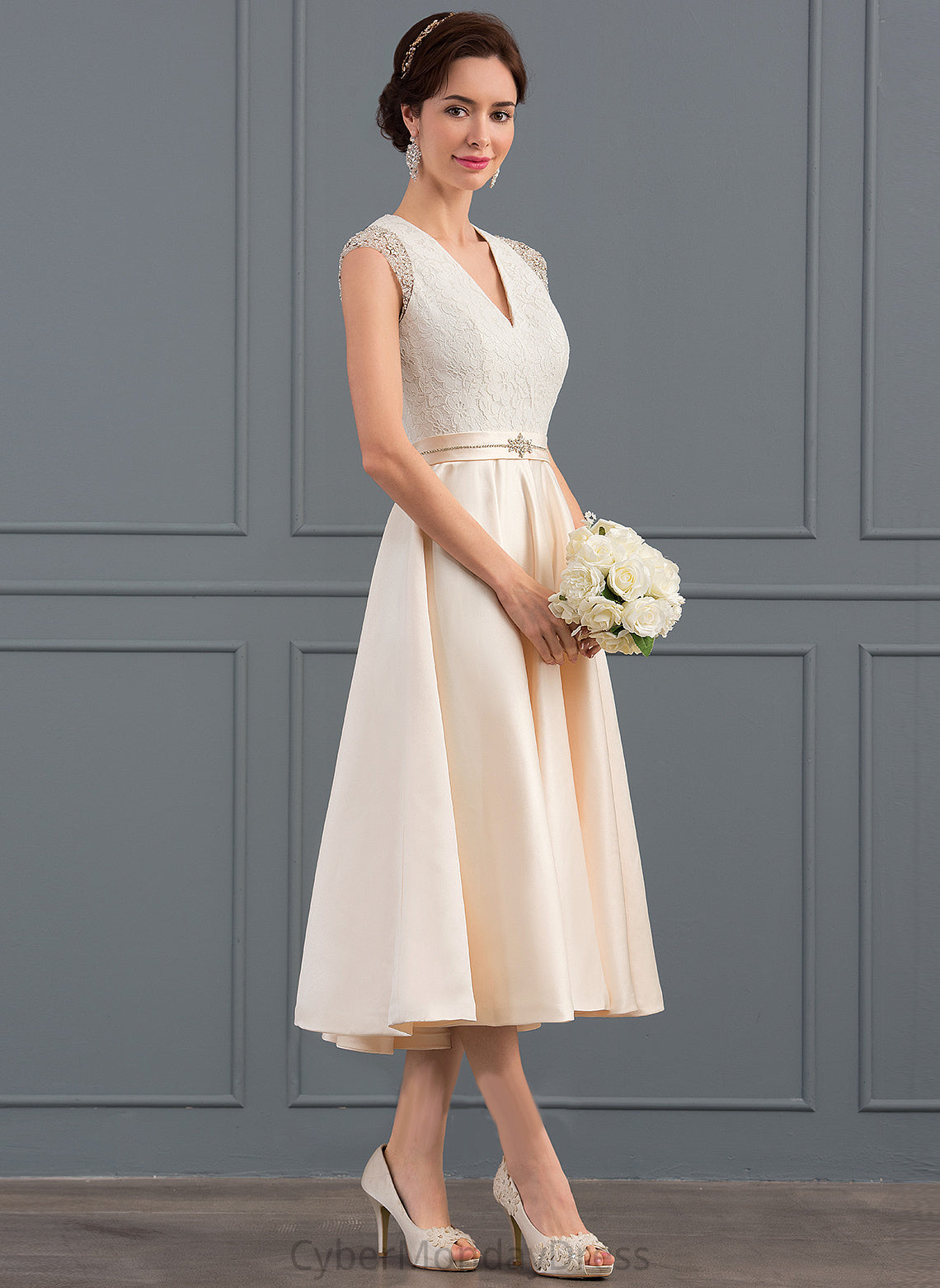 Wedding Wedding Dresses A-Line Lace Tea-Length With Satin Beading Sequins Dress Monique V-neck