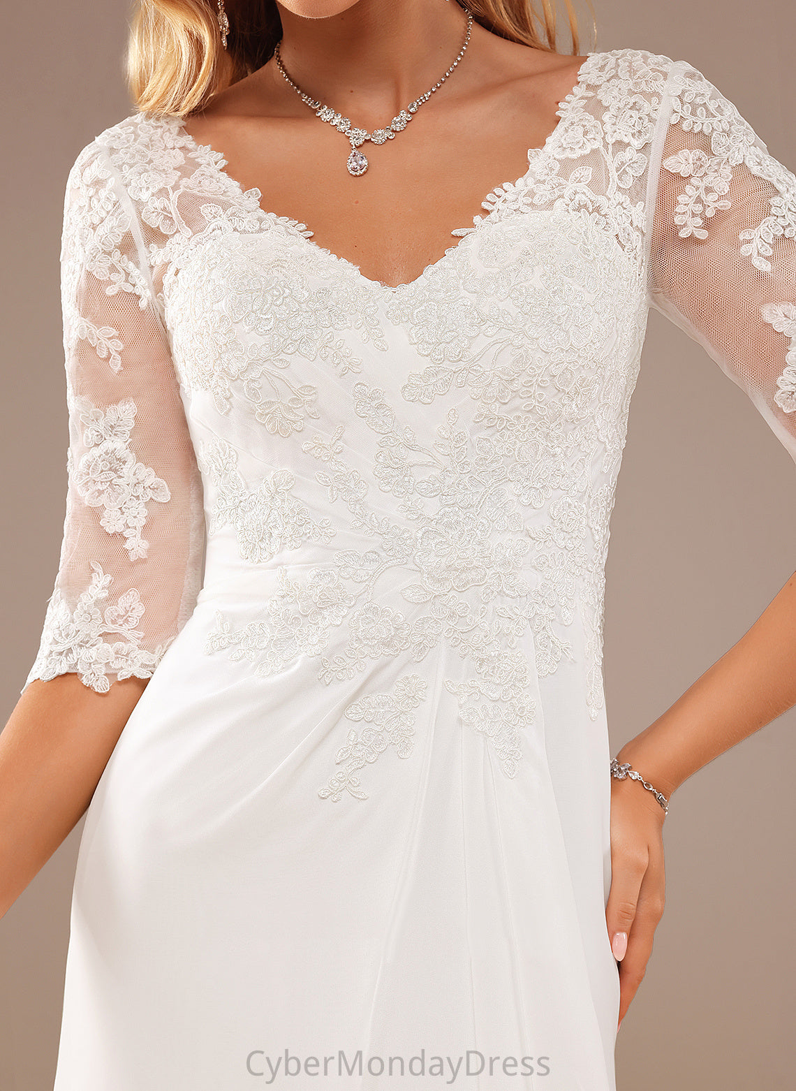 A-Line Asymmetrical Dress Ruffle Chiffon Wedding Yaritza V-neck With Lace Lace Wedding Dresses