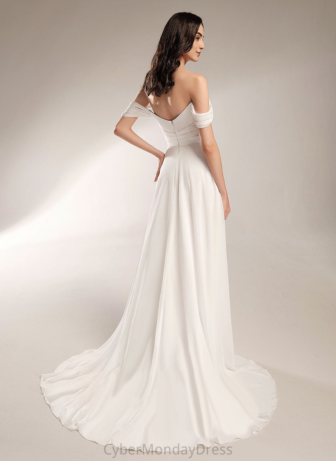 Jaelynn Train Wedding Dress Off-the-Shoulder Pleated Wedding Dresses Court A-Line Chiffon With