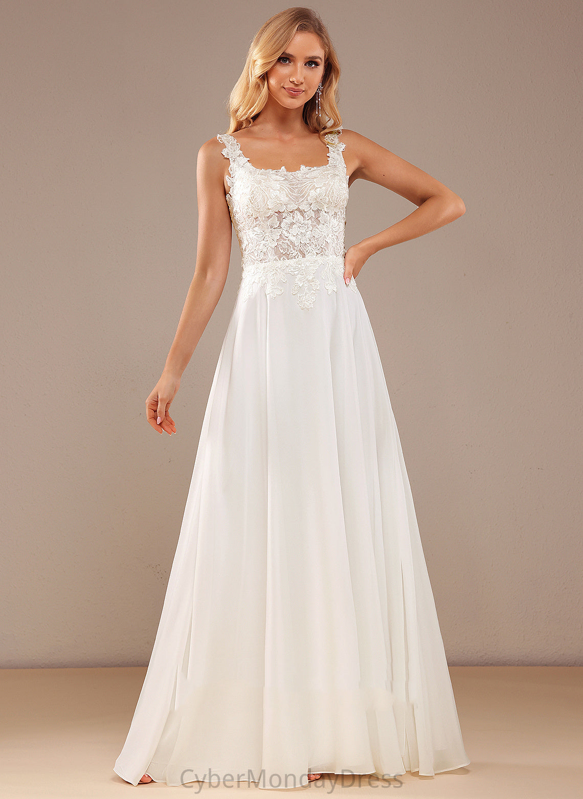 Ali Lace Chiffon Wedding Dresses Square Dress Floor-Length Neckline Sequins A-Line With Wedding Lace