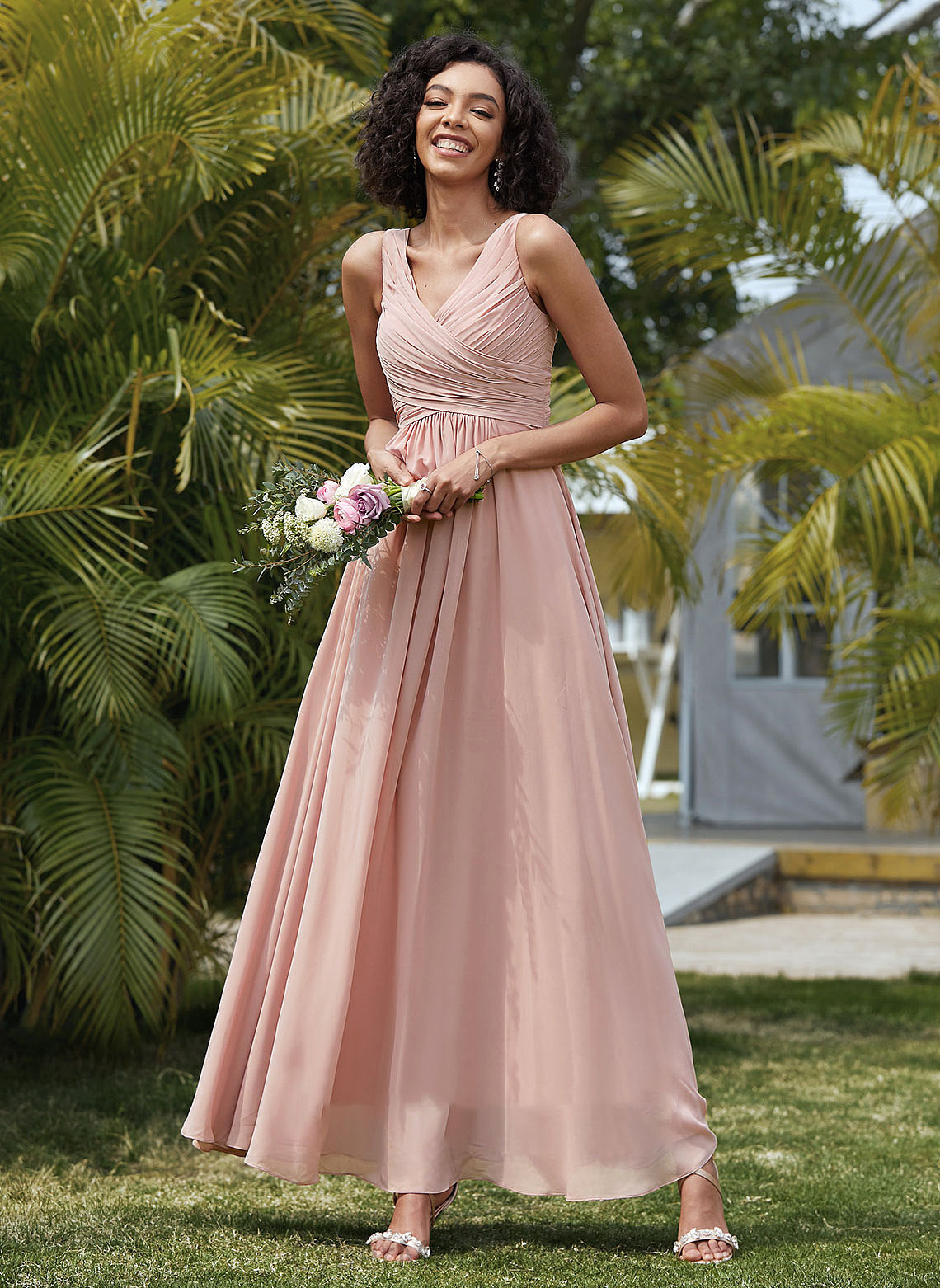 Floor-Length Fabric Silhouette Neckline V-neck A-Line Ruffle Length Embellishment Payten Bridesmaid Dresses