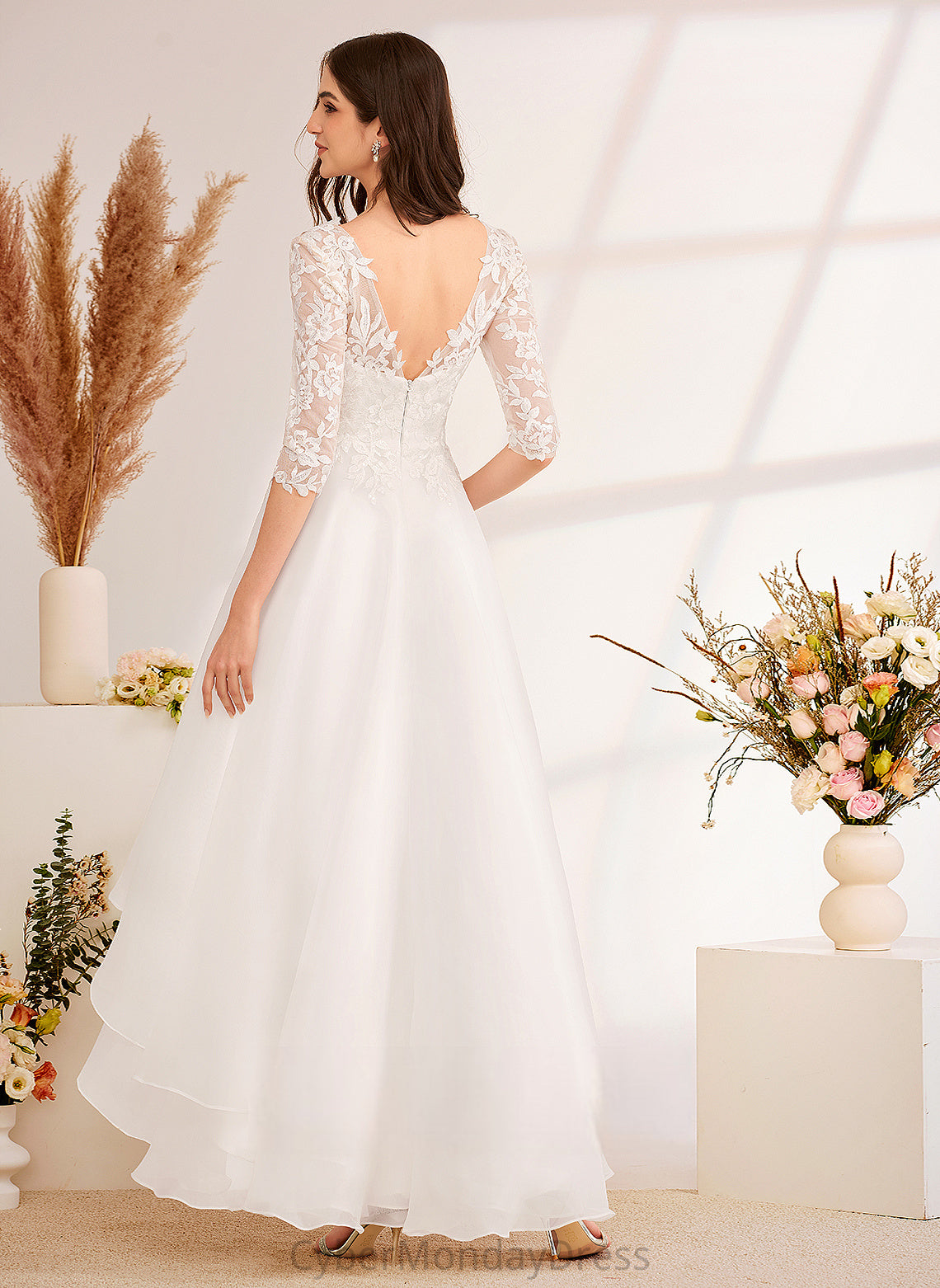 Lace V-neck Corinne Tulle Dress Beading Wedding Wedding Dresses Asymmetrical With Sequins A-Line