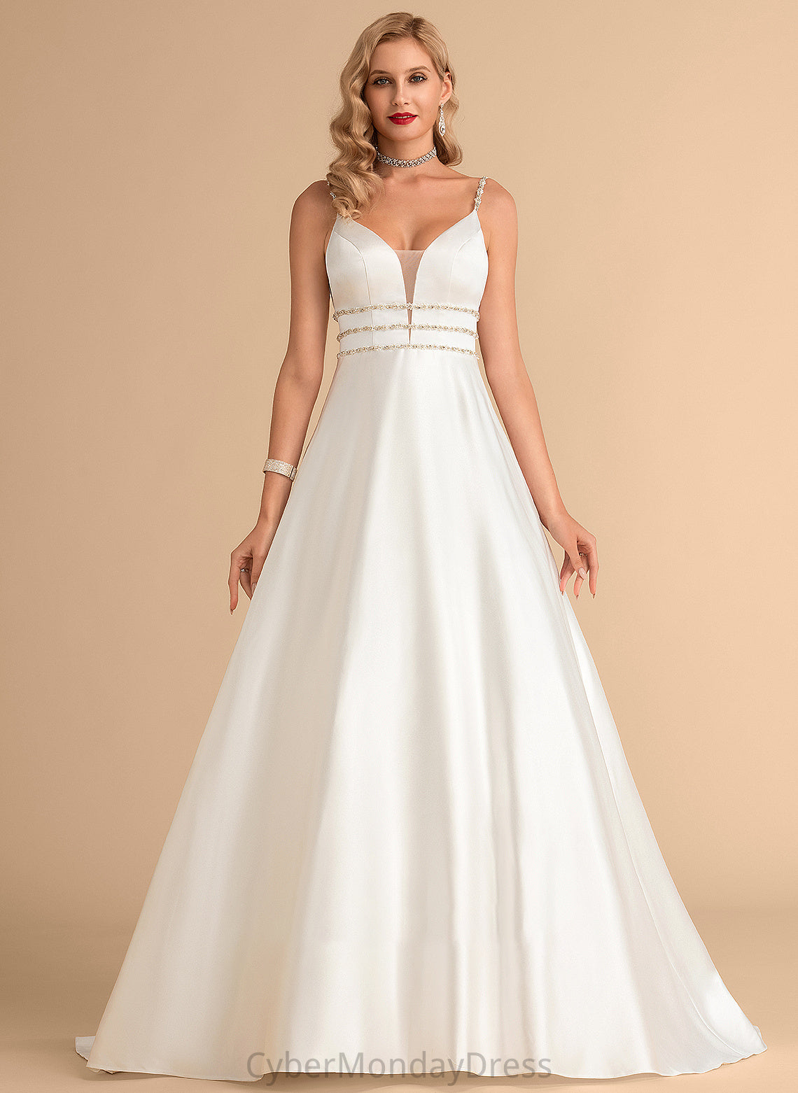 Sweep Beading V-neck Wedding Dresses Dress With Wedding Satin Ball-Gown/Princess Daisy Train