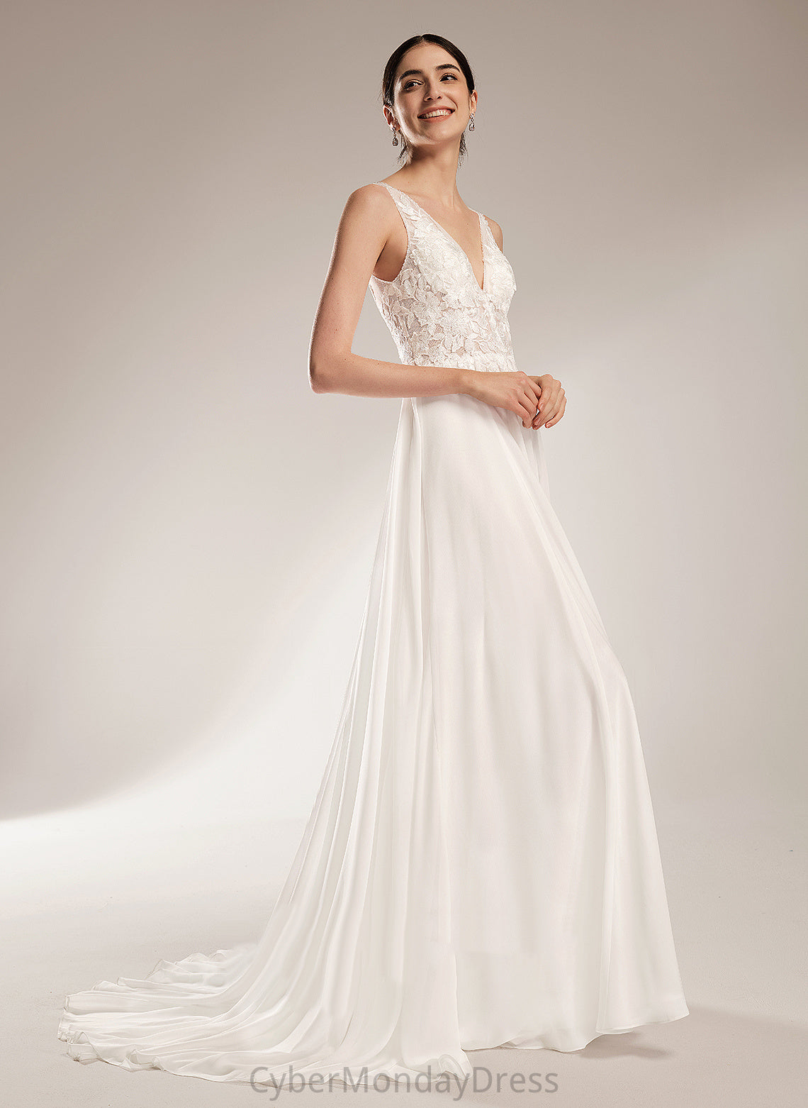 Court Beading With Kinley Chiffon Sequins Dress A-Line Train Wedding Dresses V-neck Lace Wedding