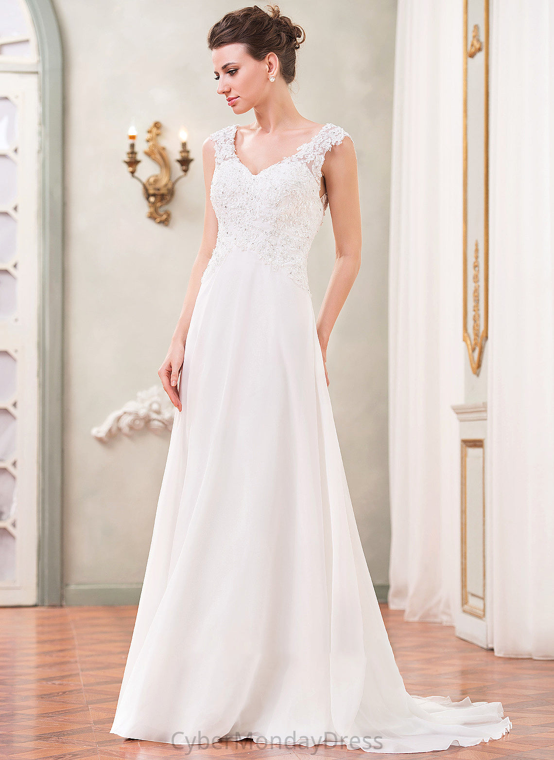 With Train Chiffon Wedding Dresses Sweep Beading Dress Wedding Selah Lace A-Line Sequins V-neck