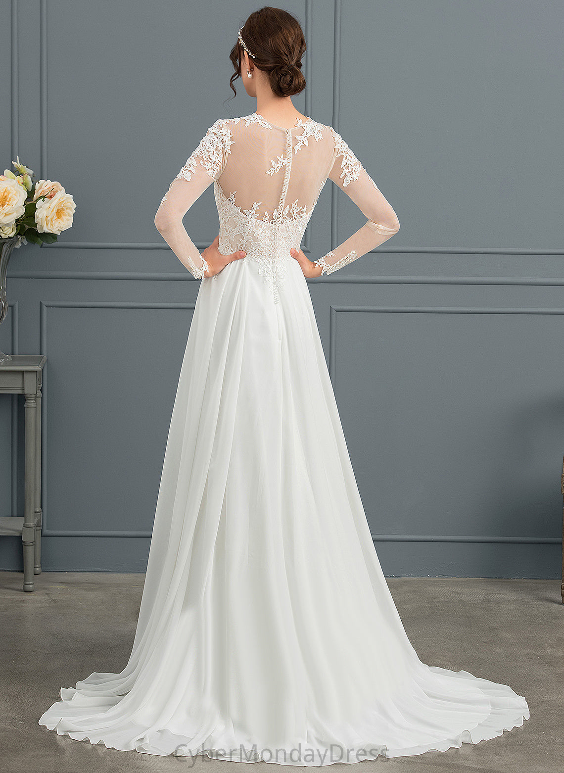 Wedding Wedding Dresses Appliques Sweep Lace A-Line With Split Front Illusion Elianna Train Chiffon Dress Tulle