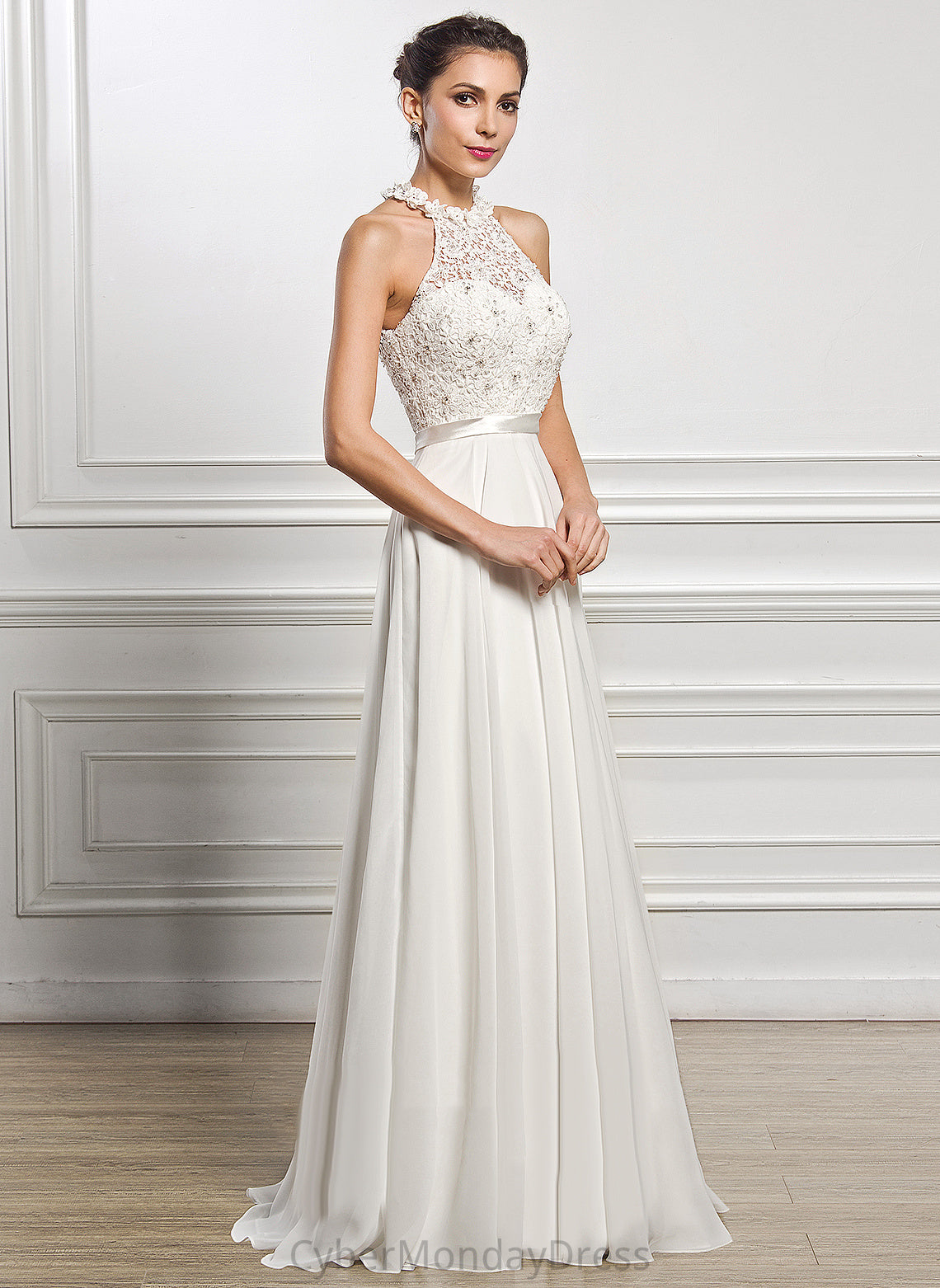 Ada Wedding Wedding Dresses Beading Scoop Dress Sequins Neck Chiffon With Lace A-Line Floor-Length