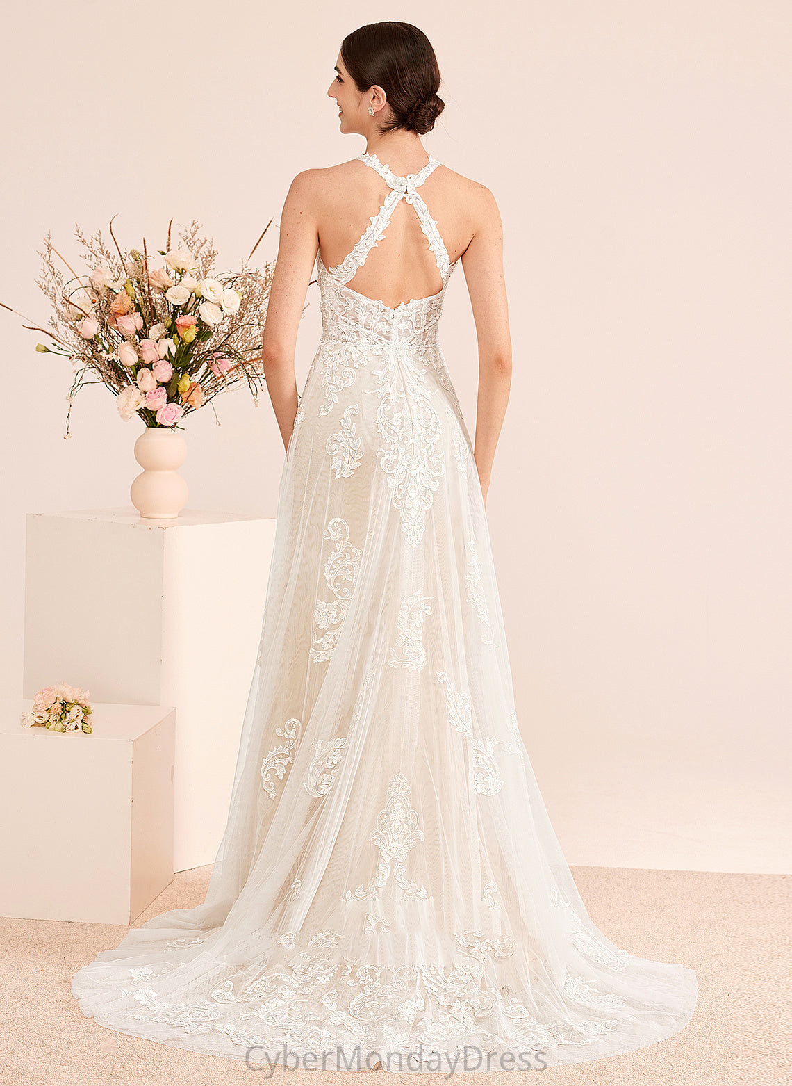 Train Wedding Neck A-Line Dress Court With High Wedding Dresses Cora Beading