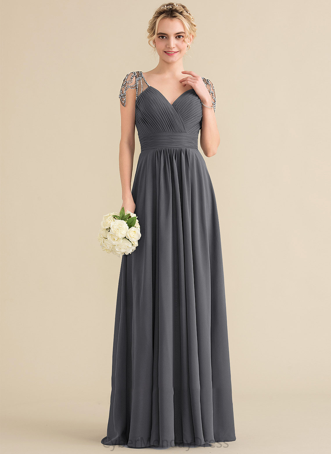 Ruffle Neckline Beading Sequins V-neck Fabric Length Floor-Length A-Line Silhouette Embellishment Aleena Bridesmaid Dresses