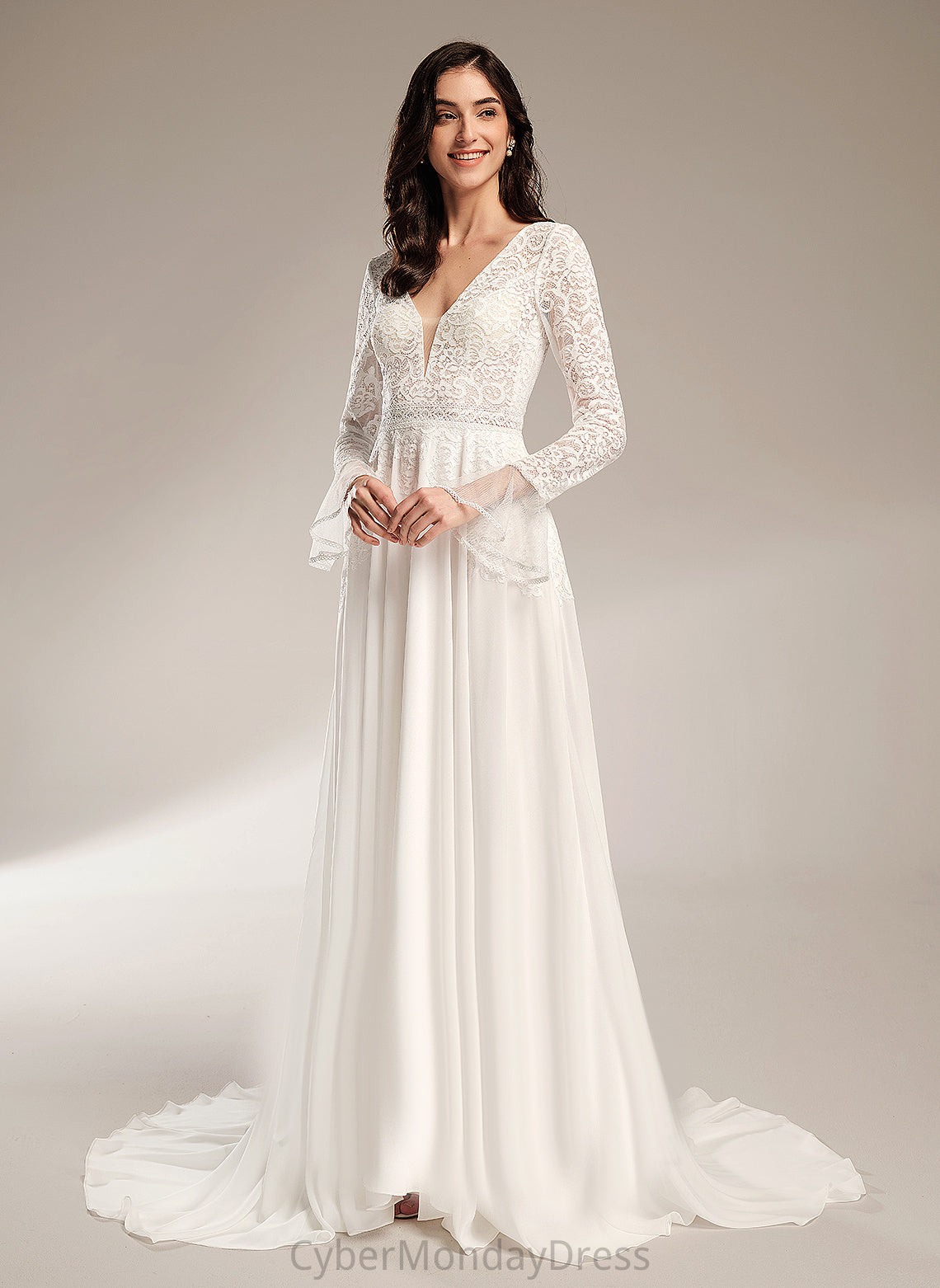 Dress Court A-Line Wedding Dresses Lace Train With V-neck Kassandra Chiffon Wedding Ruffle