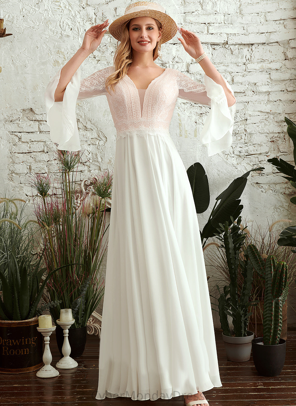 Wedding Dresses Chiffon V-neck Floor-Length A-Line Dress Claire Wedding Lace