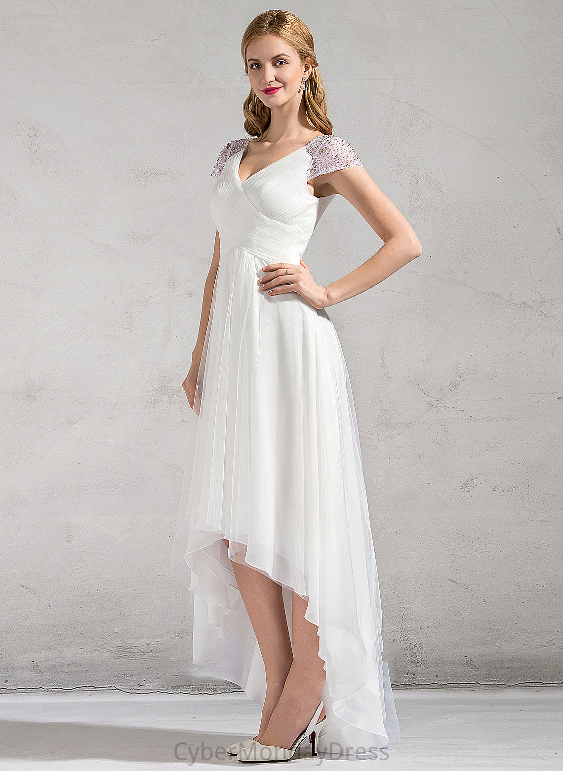 Wedding Dress Sequins Tulle V-neck Ruffle A-Line Asymmetrical Jenna Wedding Dresses With Beading